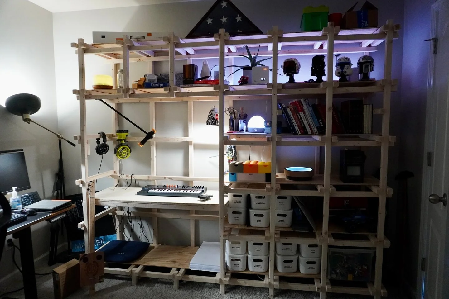 This was a really fun project. I needed some extra space to store all my stuff. I also needed a place to work in my office that wasn't my computer, had an inclined surface to sketch on, flat surface to work on projects and assemble small prototypes, 