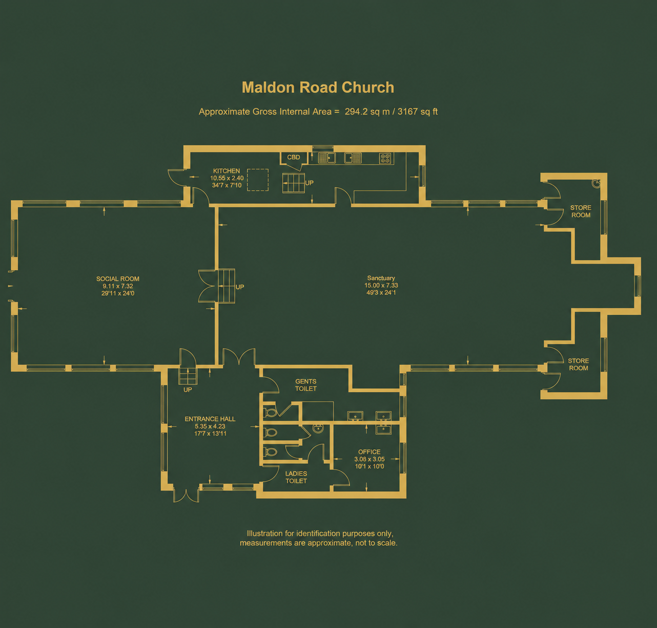 Dhamma Centre ground floor plan showing Sanctuary Hall, Social Room, Kitchen, Entrance Hall, toilets and office