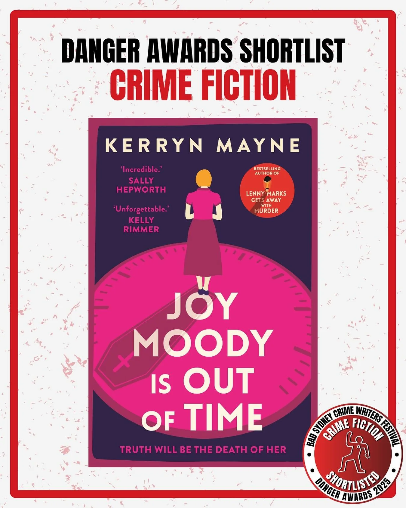 JOY MOODY IS IN DANGER. ‼️ 
The Danger Awards that is. Thanks @badcrimesydney for creating a kickass festival AND having Joy Moody on your shortlist with some of my favourite crime writers. Can&rsquo;t wait to be there in Sept. 

The festival program