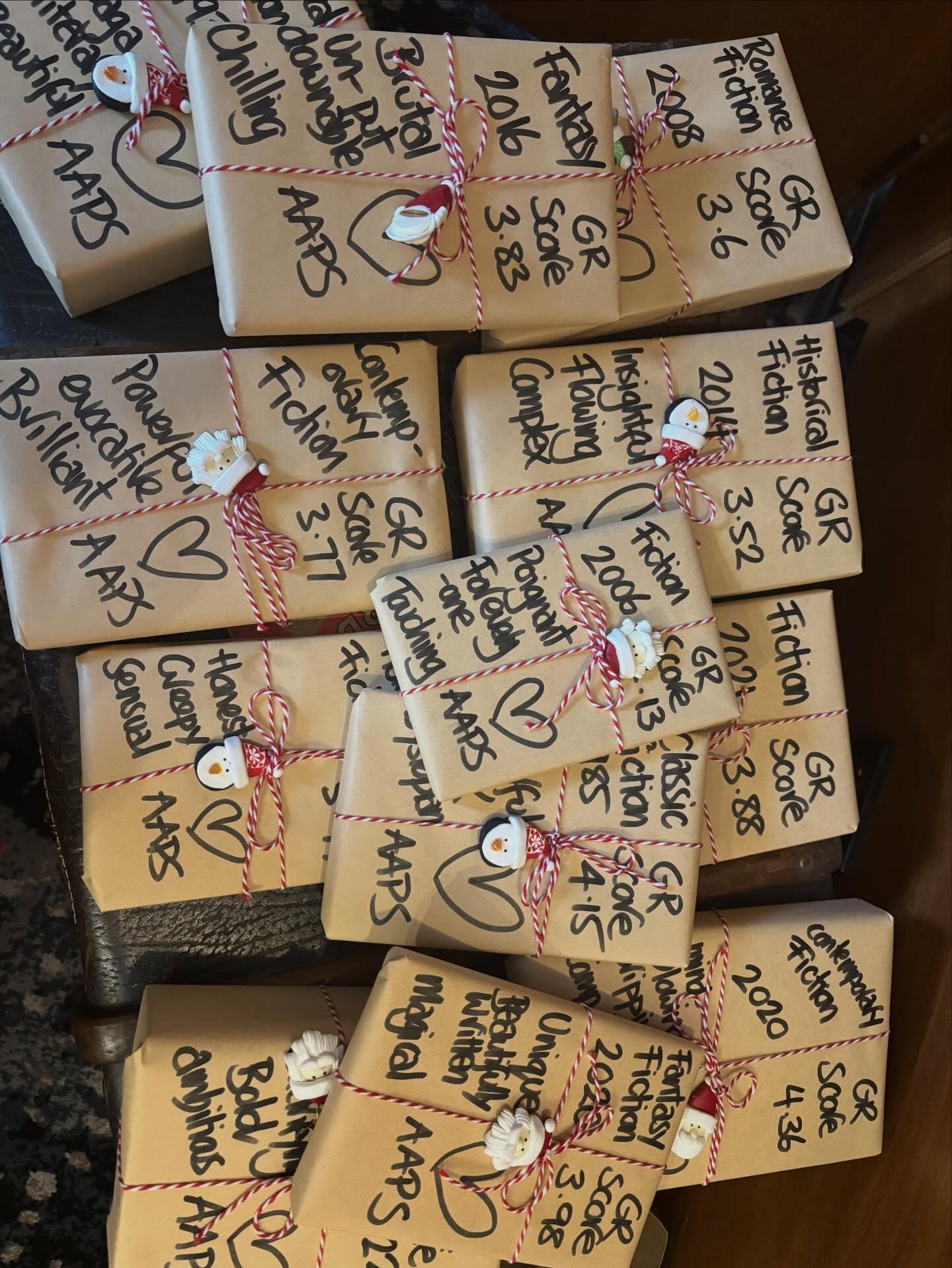 Bookclub Secret Santa/ Bad Santa! 

This was a lot of fun. This year we got our hands on some @aapsvetclinic pre wrapped secret books, $5 each, for a good cause and secret santa sorted! Goodreads score, genre, 3 words from the summary and the year of