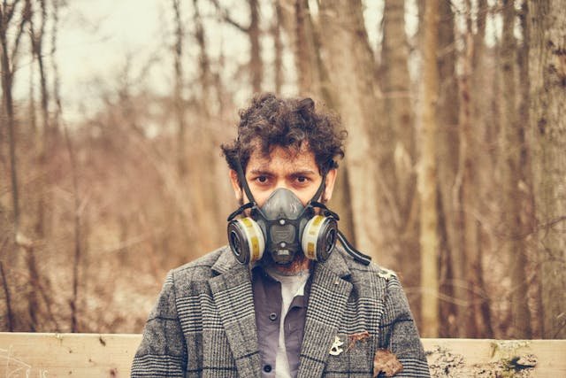 A man with a gas mask on