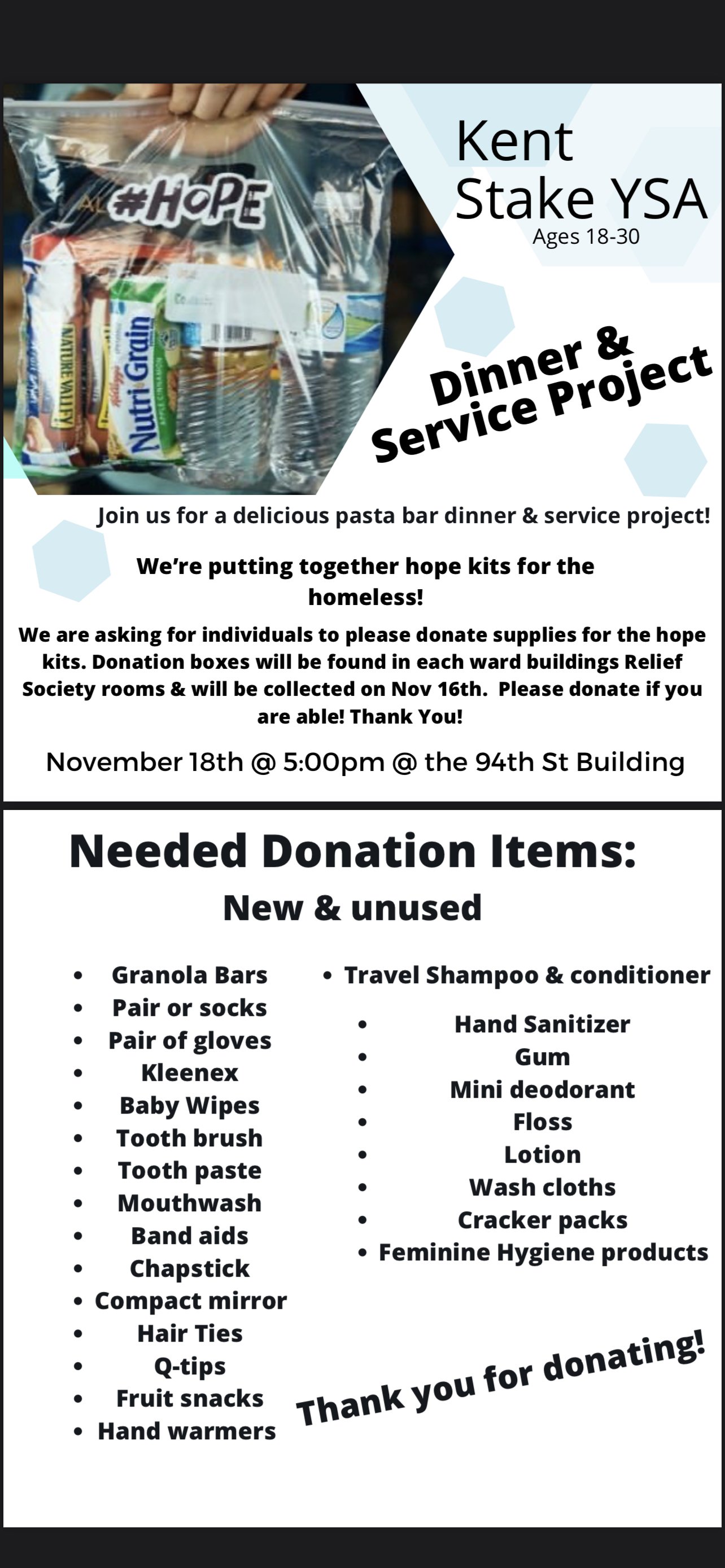 Kent Stake YSA Service Project: Donation Drive for Hope Kits