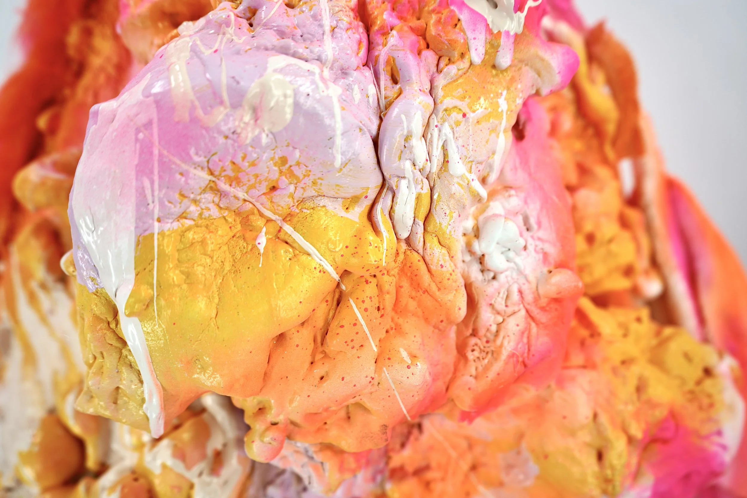 Detail view of The Recovering People Pleaser sculpture by contemporary artist Sophia Huang, mixed media sculpture featuring iridescent mixed media elements