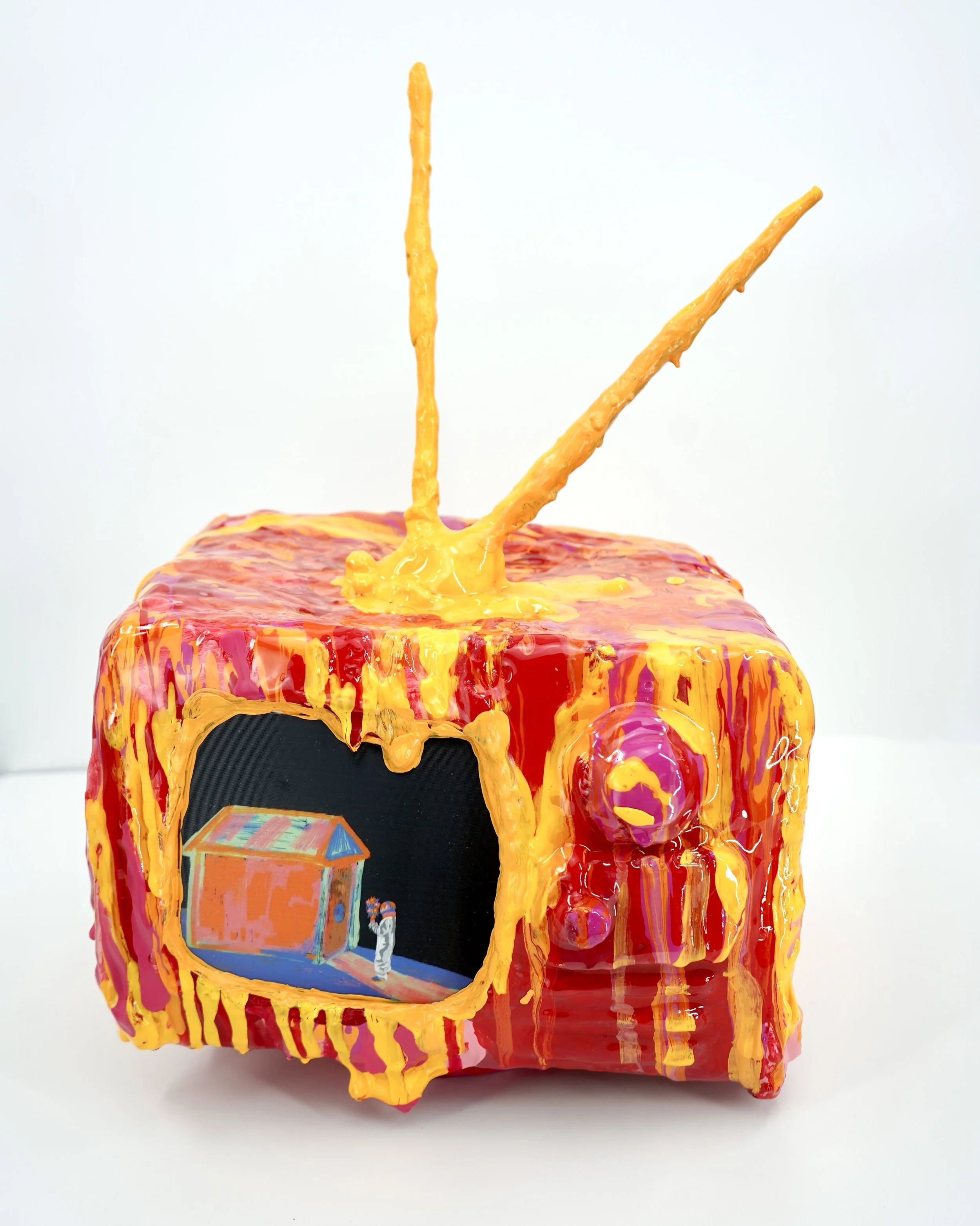 Front view of melting television sculpture by contemporary artist Sophia Huang, mixed media sculpture with resin, paint, and embedded lenticular print, abstract TV form