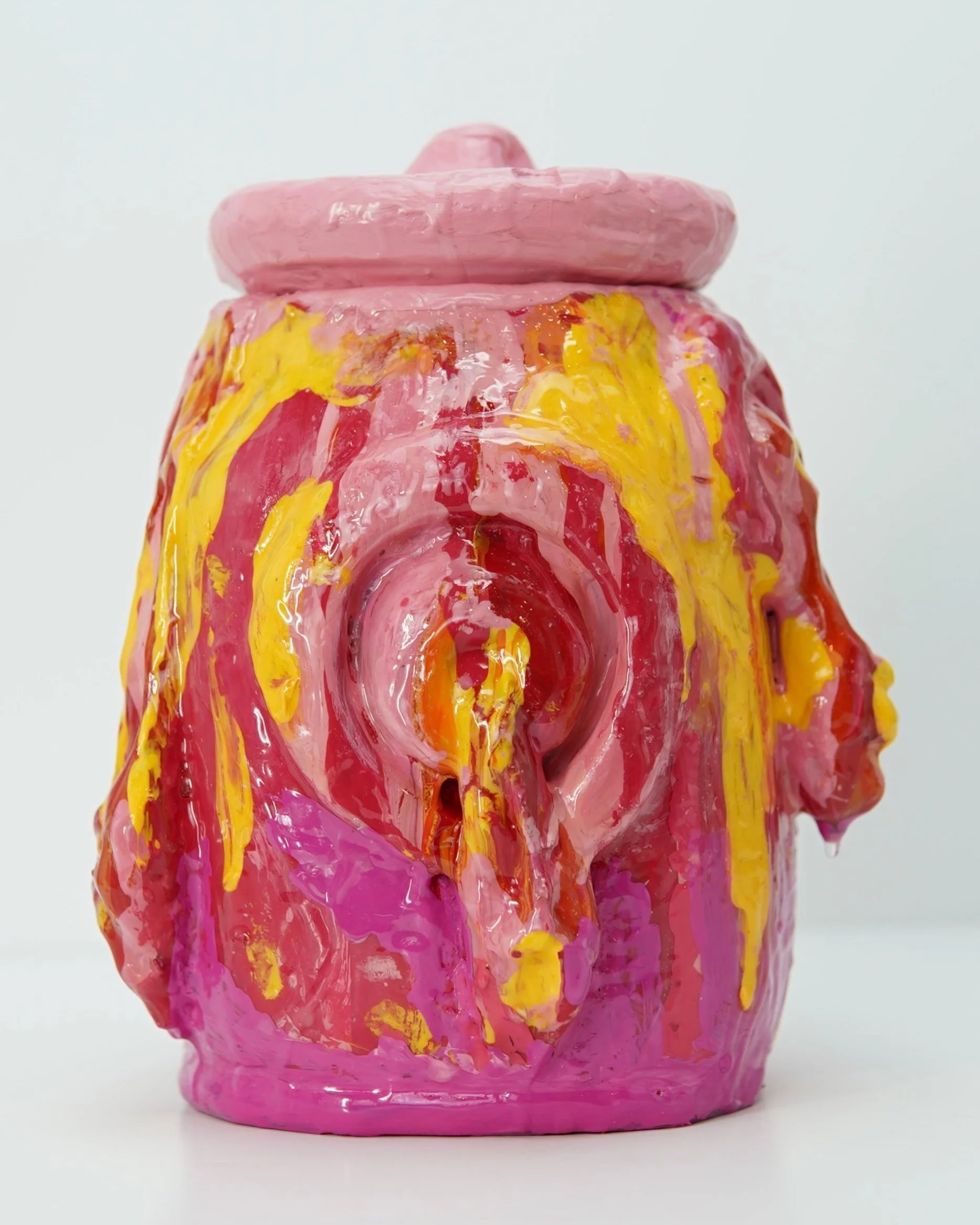 In Ash Banquet, artist Sophia Huang creates abstract resin and clay foam vessels containing the ashes of burned letters to past lovers and former selves, transforming grief into a ritual of containment, closure, and release.