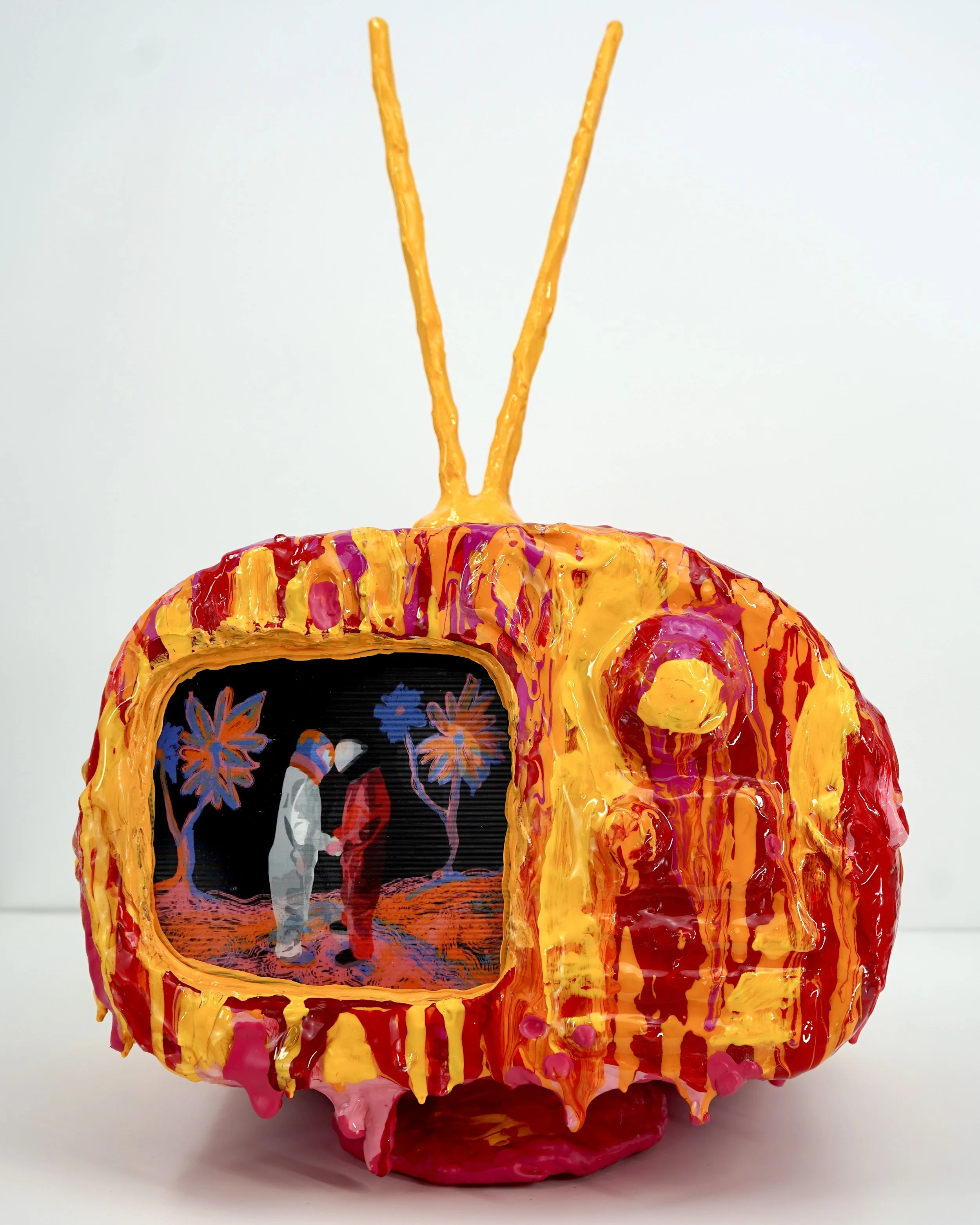 Front view of melting television sculpture by contemporary artist Sophia Huang, mixed media sculpture with resin, paint, and embedded lenticular print, abstract TV form