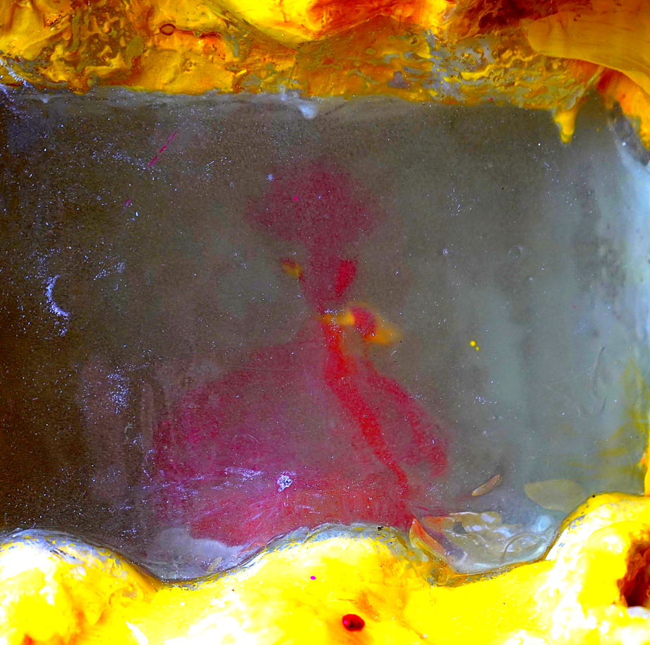 Detail view of Volcanic Shelf sculpture by contemporary artist Sophia Huang, mixed media shelf sculpture with resin, paint, and embedded objects, abstract melting form