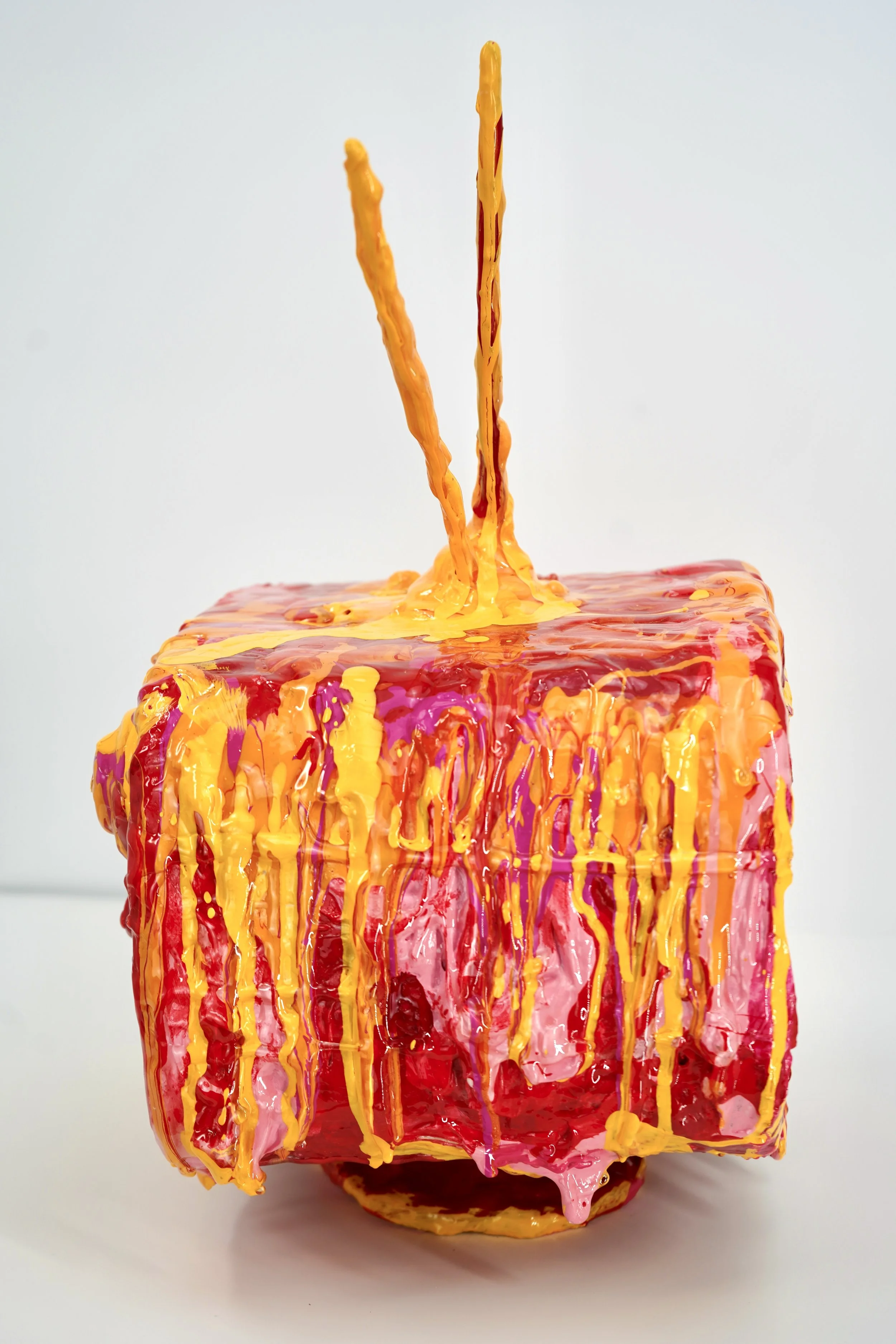 Side view of melting television sculpture by contemporary artist Sophia Huang, mixed media sculpture with resin, paint, and embedded lenticular print, abstract TV form