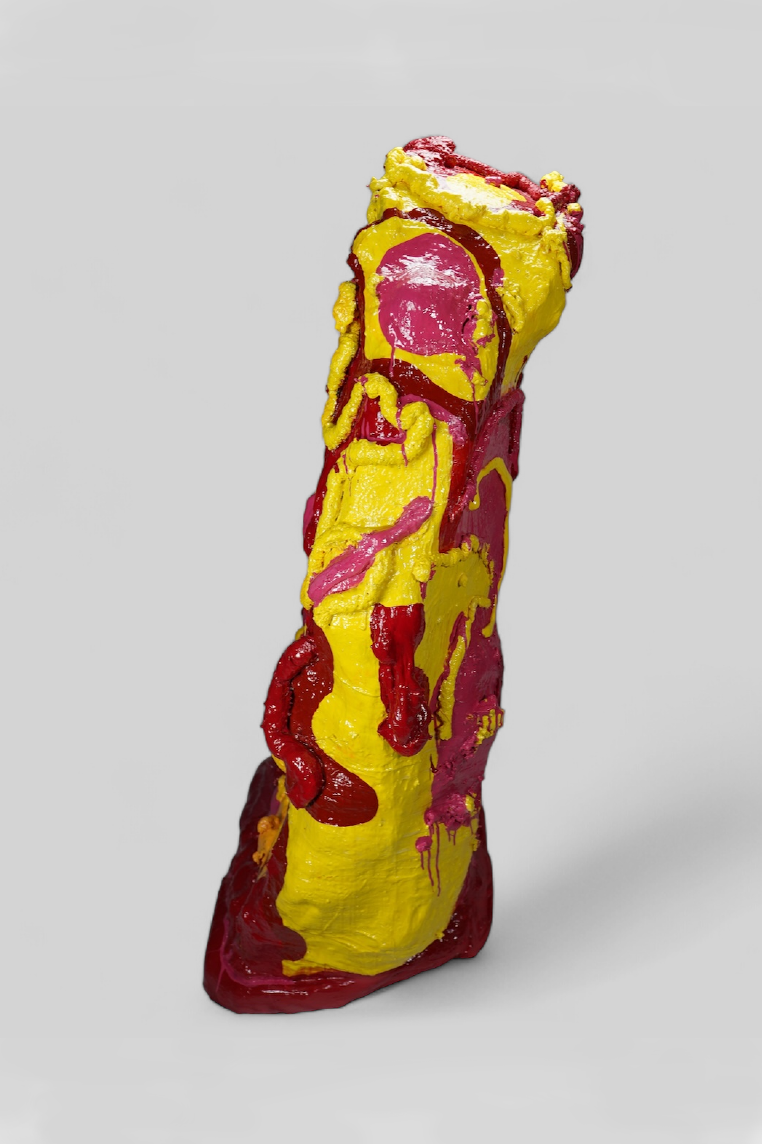 Side view of Volcanic Shelf sculpture by contemporary artist Sophia Huang, mixed media shelf sculpture with resin, paint, and embedded objects, abstract melting form