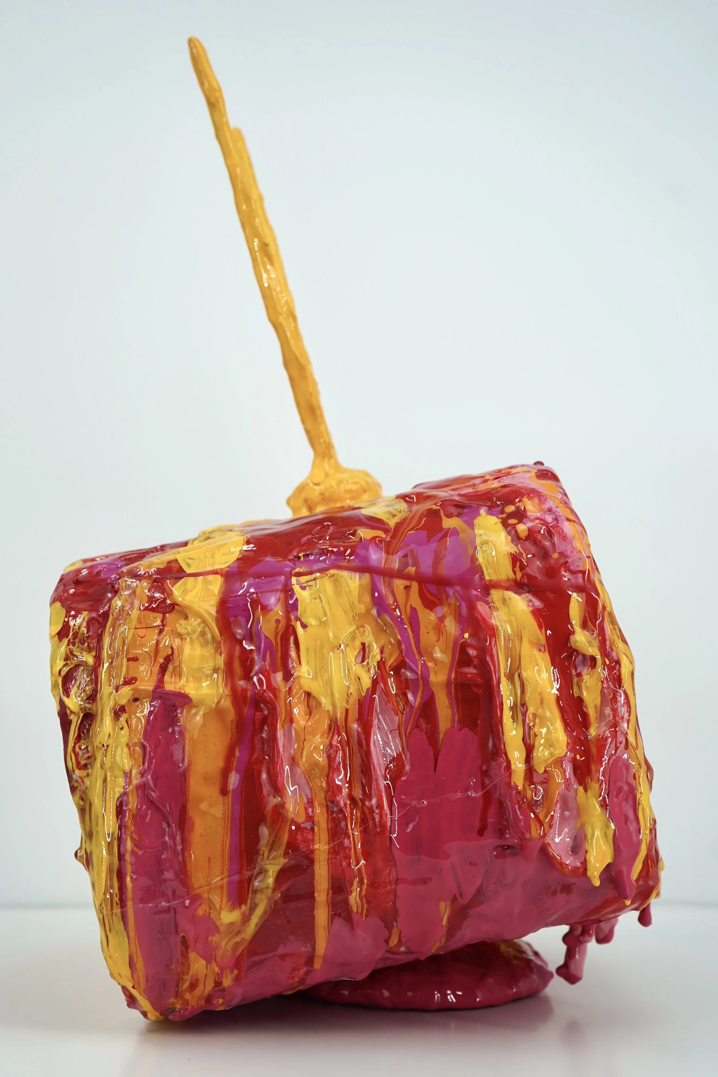 Side view of melting television sculpture by contemporary artist Sophia Huang, mixed media sculpture with resin, paint, and embedded lenticular print, abstract TV form