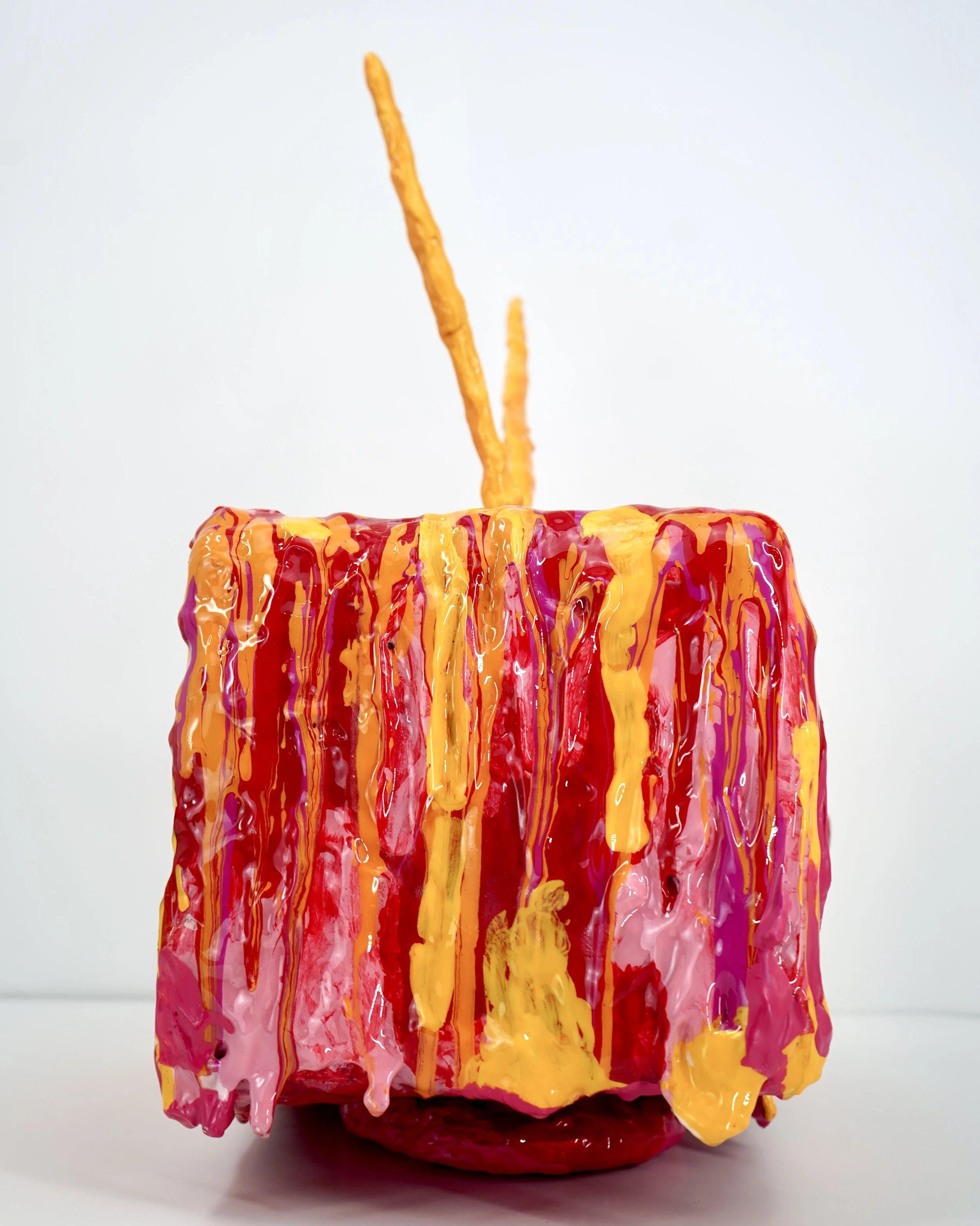 Side view of melting television sculpture by contemporary artist Sophia Huang, mixed media sculpture with resin, paint, and embedded lenticular print, abstract TV form