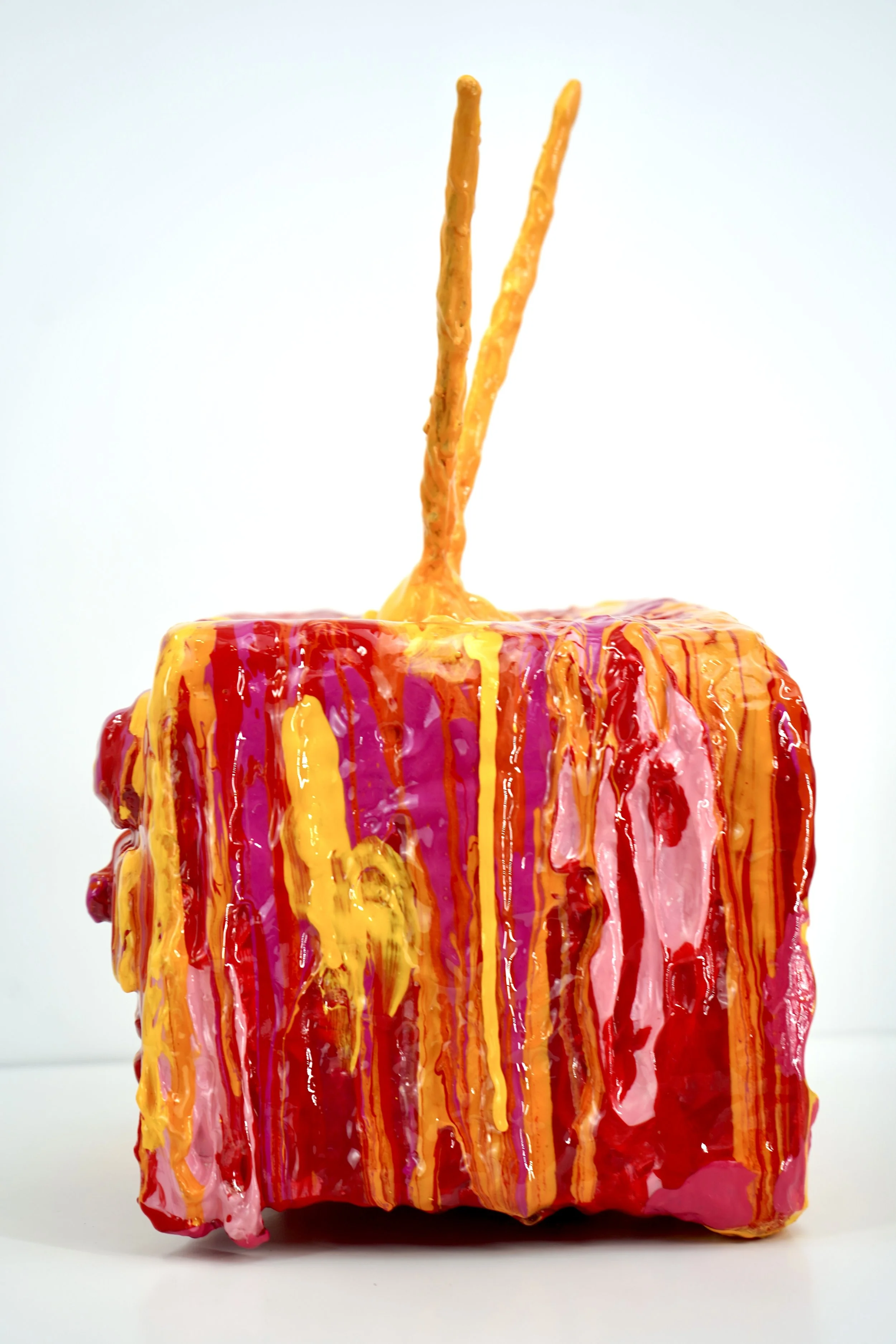 Side view of melting television sculpture by contemporary artist Sophia Huang, mixed media sculpture with resin, paint, and embedded lenticular print, abstract TV form