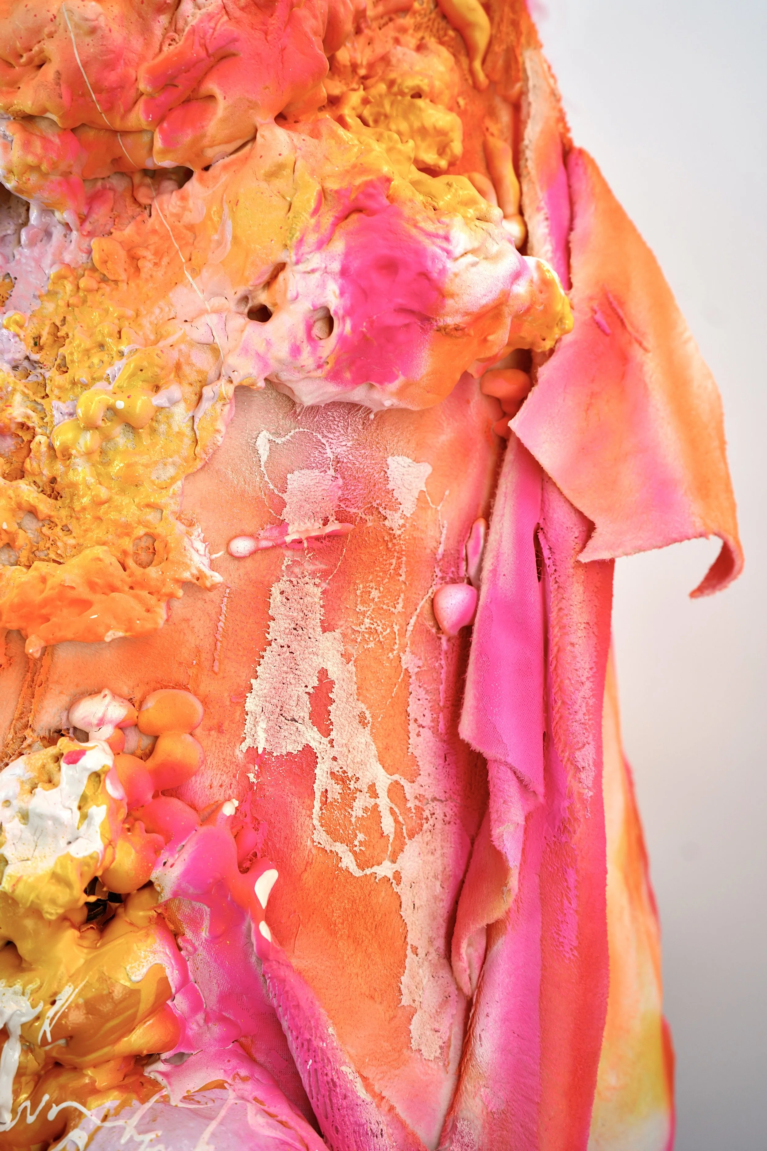 Detail view of The Recovering People Pleaser sculpture by contemporary artist Sophia Huang, mixed media sculpture featuring iridescent mixed media elements