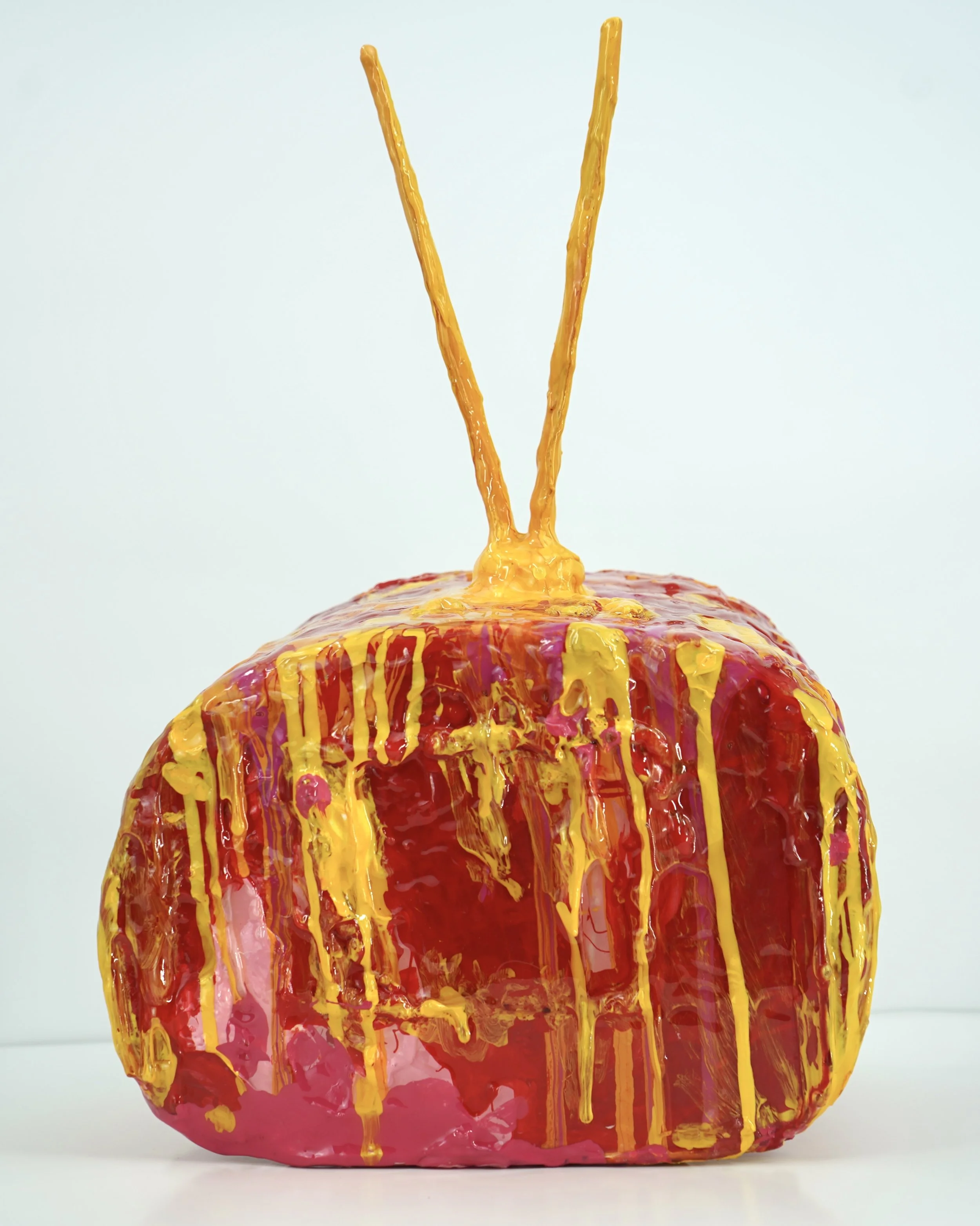 Back view of melting television sculpture by contemporary artist Sophia Huang, mixed media sculpture with resin, paint, and embedded lenticular print, abstract TV form
