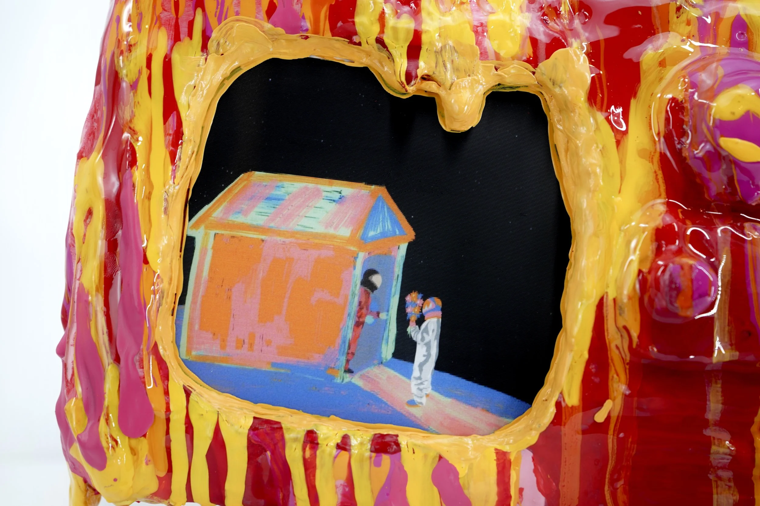 Detail view of melting television sculpture by contemporary artist Sophia Huang, mixed media sculpture with resin, paint, and embedded lenticular print, abstract TV form
