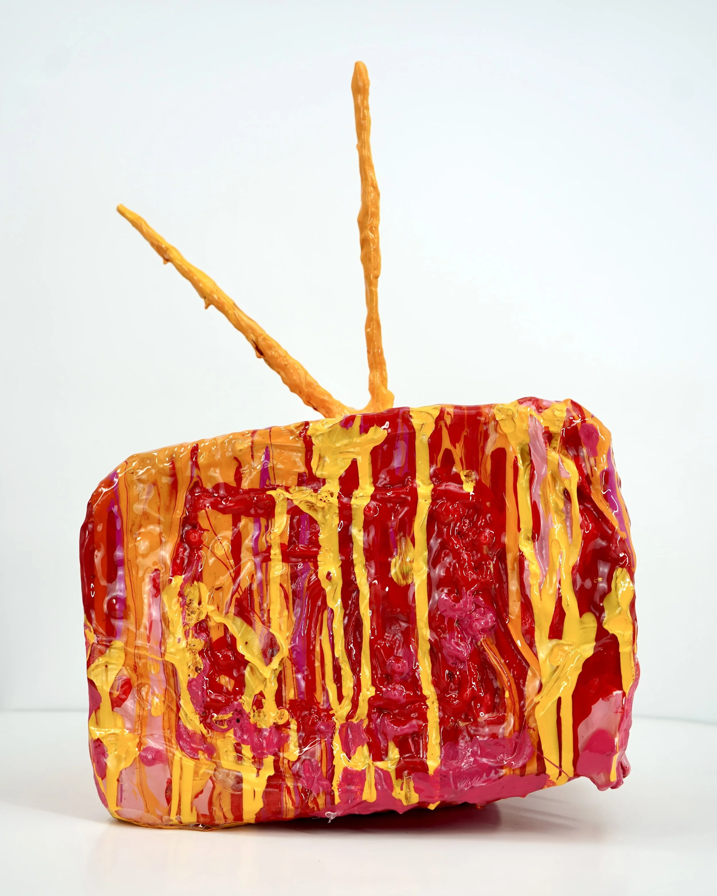 Back view of melting television sculpture by contemporary artist Sophia Huang, mixed media sculpture with resin, paint, and embedded lenticular print, abstract TV form