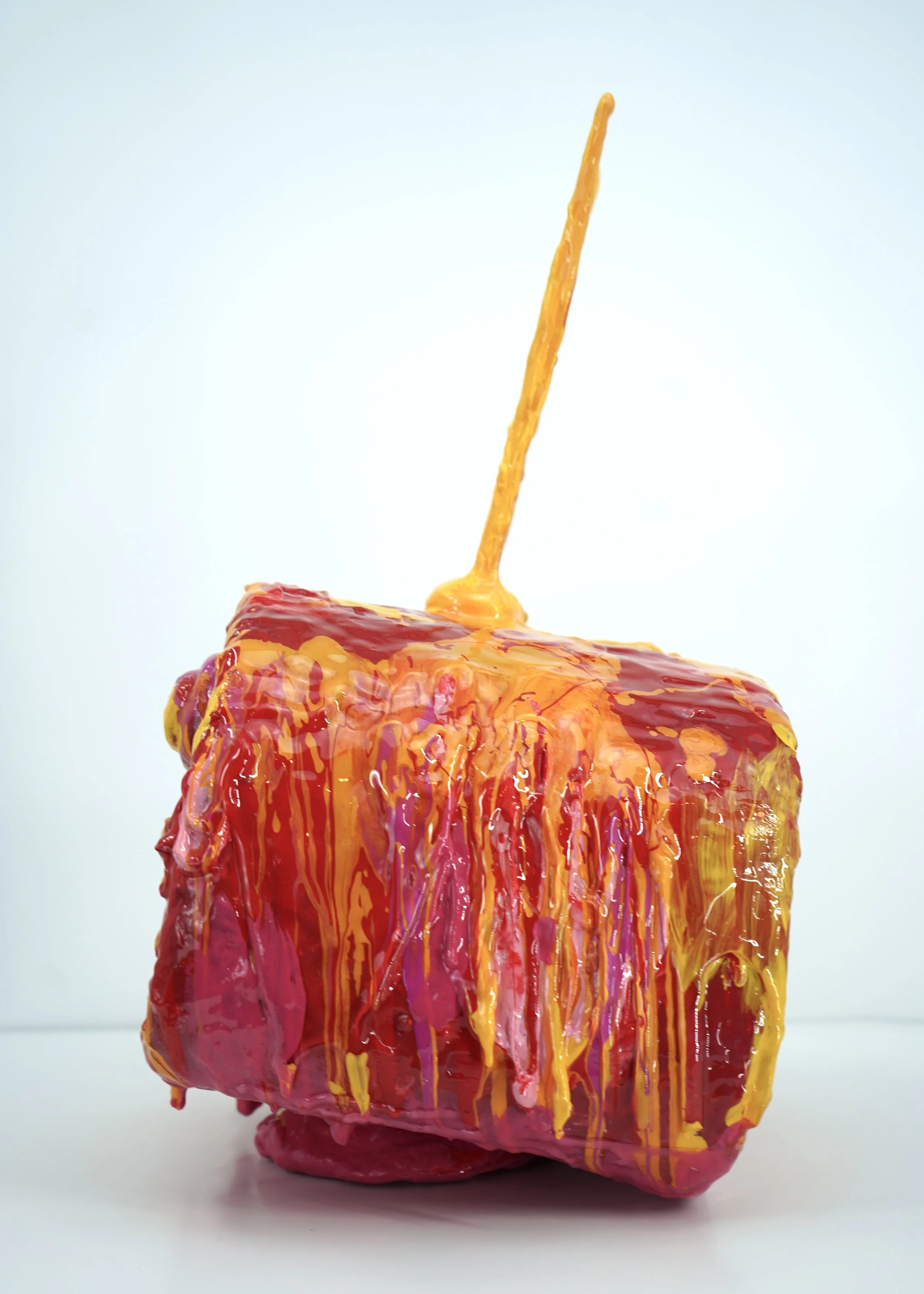 Side view of melting television sculpture by contemporary artist Sophia Huang, mixed media sculpture with resin, paint, and embedded lenticular print, abstract TV form