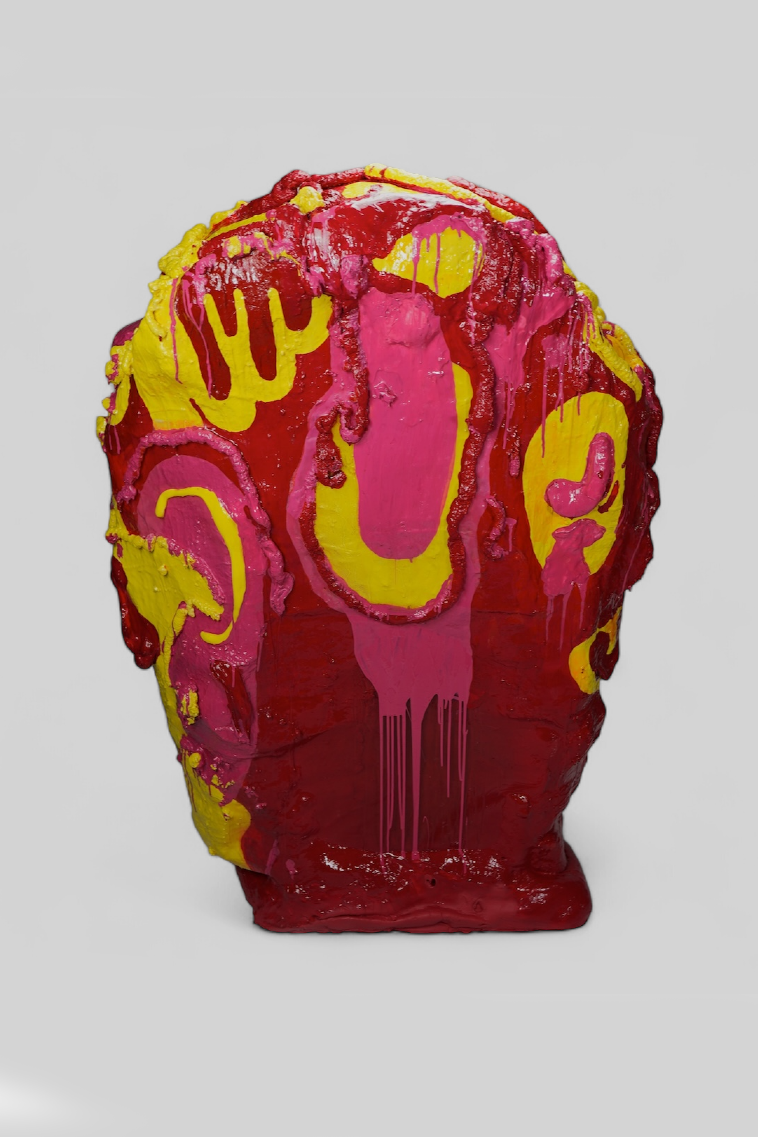 Back view of Volcanic Shelf sculpture by contemporary artist Sophia Huang, mixed media shelf sculpture with resin, paint, and embedded objects, abstract melting form