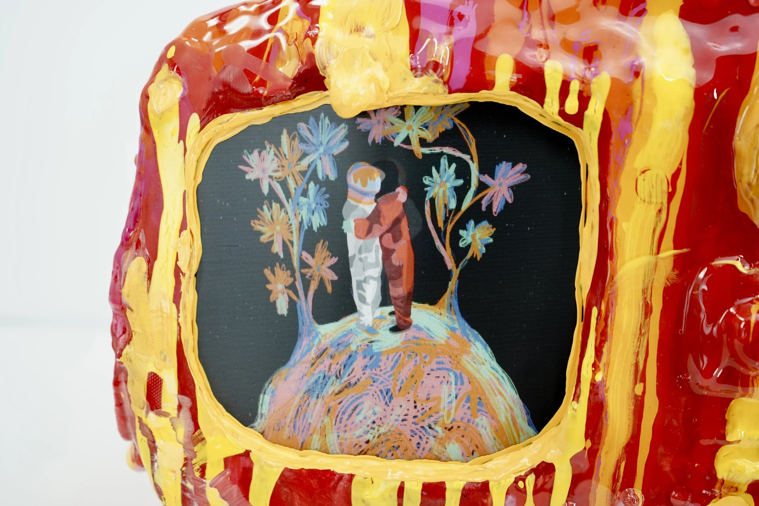 Detail view of melting television sculpture by contemporary artist Sophia Huang, mixed media sculpture with resin, paint, and embedded lenticular print, abstract TV form