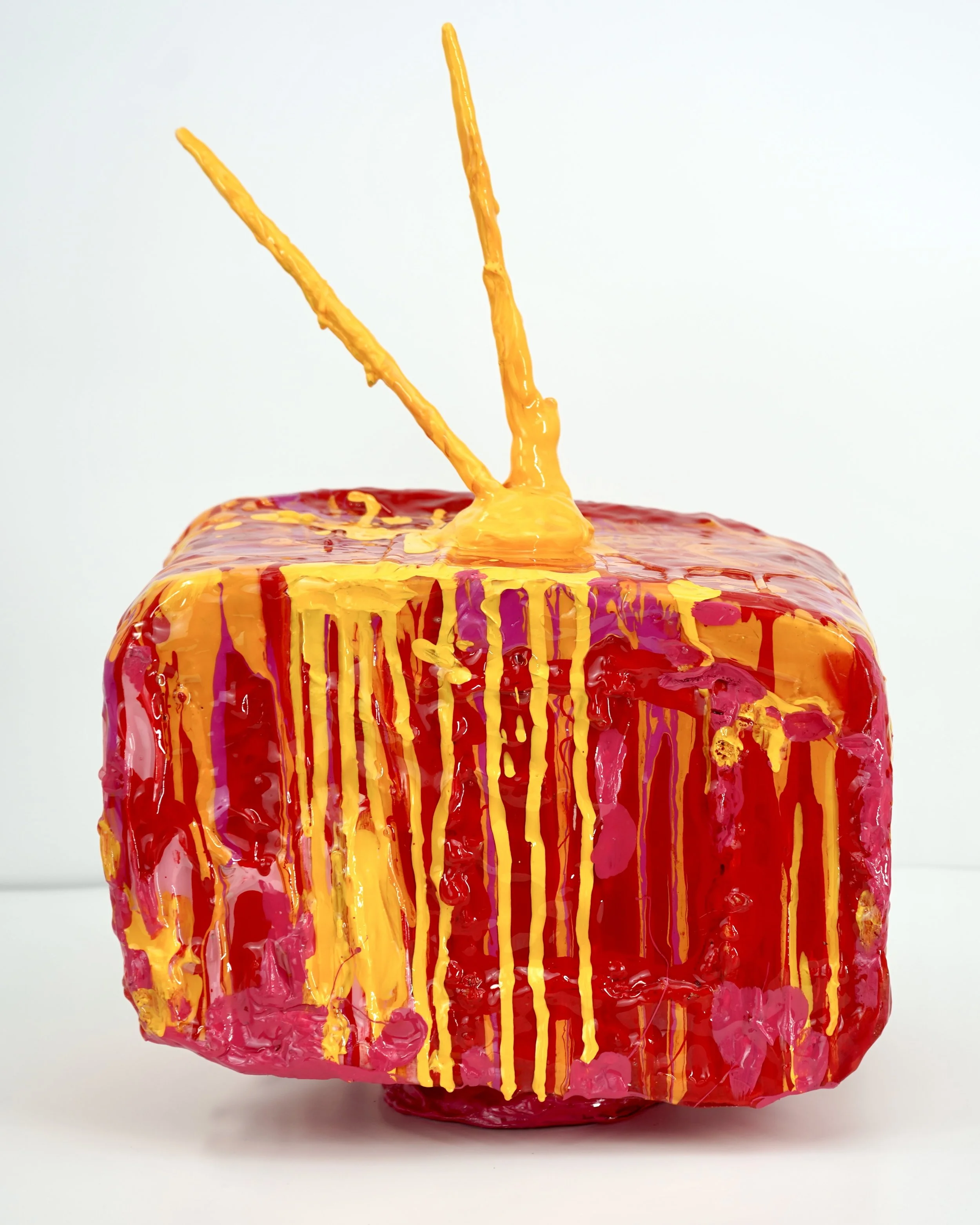 Back view of melting television sculpture by contemporary artist Sophia Huang, mixed media sculpture with resin, paint, and embedded lenticular print, abstract TV form