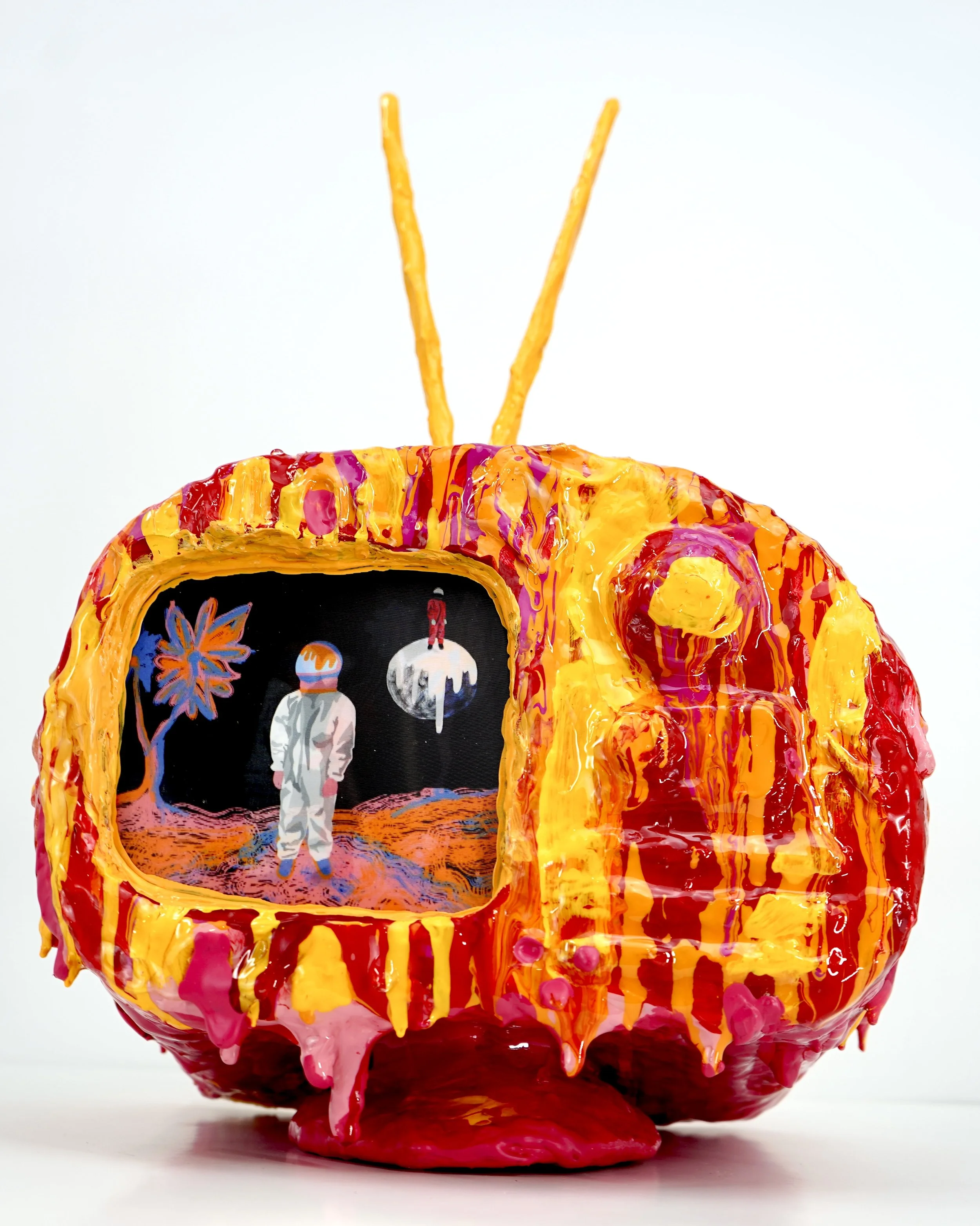 Front view of melting television sculpture by contemporary artist Sophia Huang, mixed media sculpture with resin, paint, and embedded lenticular print, abstract TV form