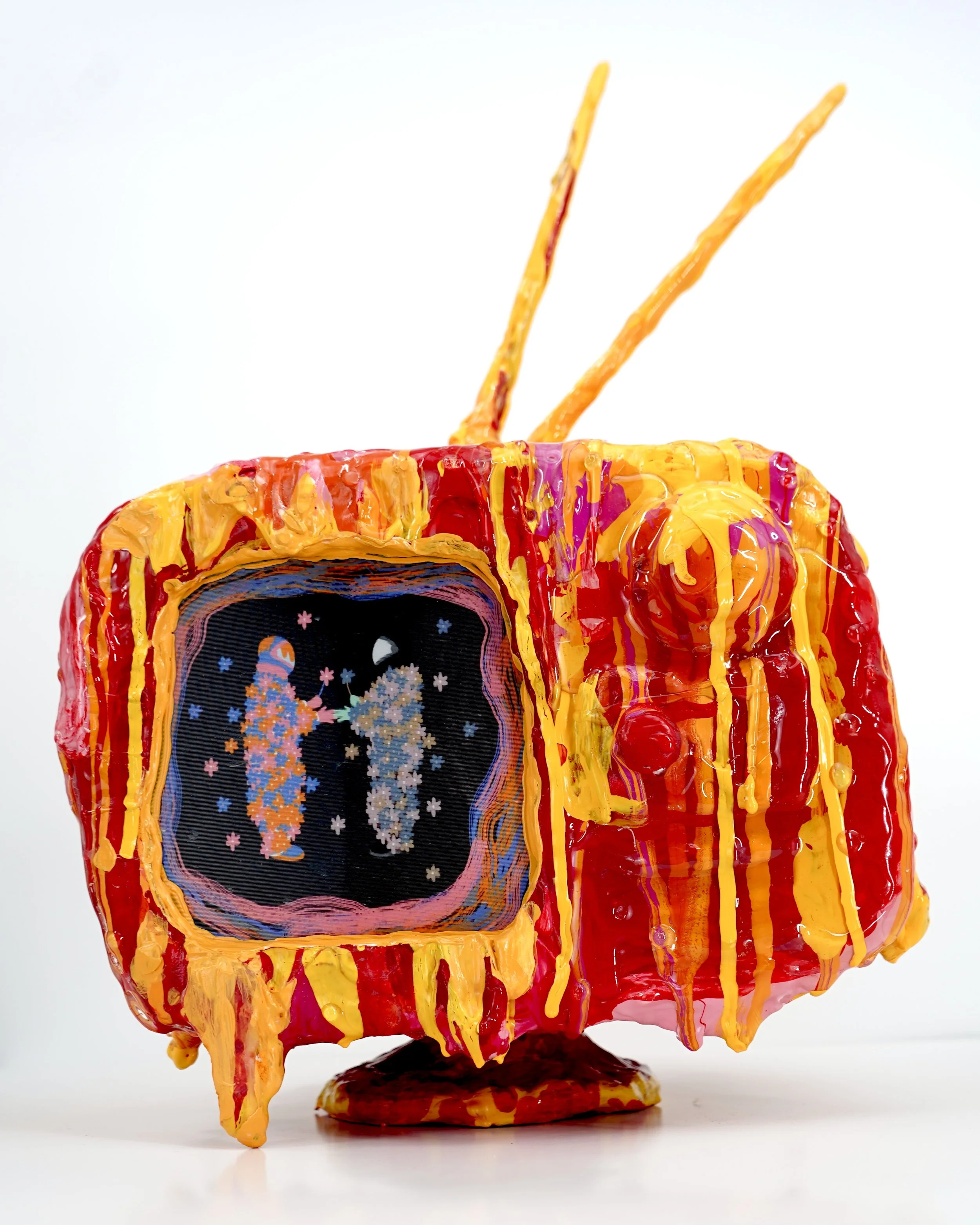 Front view of melting television sculpture by contemporary artist Sophia Huang, mixed media sculpture with resin, paint, and embedded lenticular print, abstract TV form