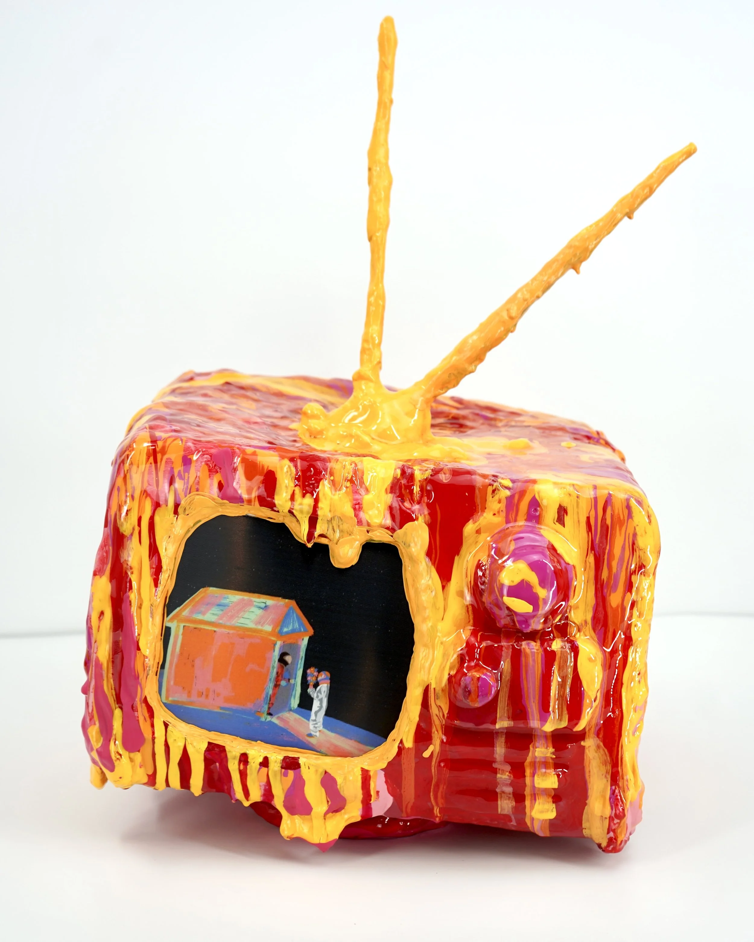 Front view of melting television sculpture by contemporary artist Sophia Huang, mixed media sculpture with resin, paint, and embedded lenticular print, abstract TV form