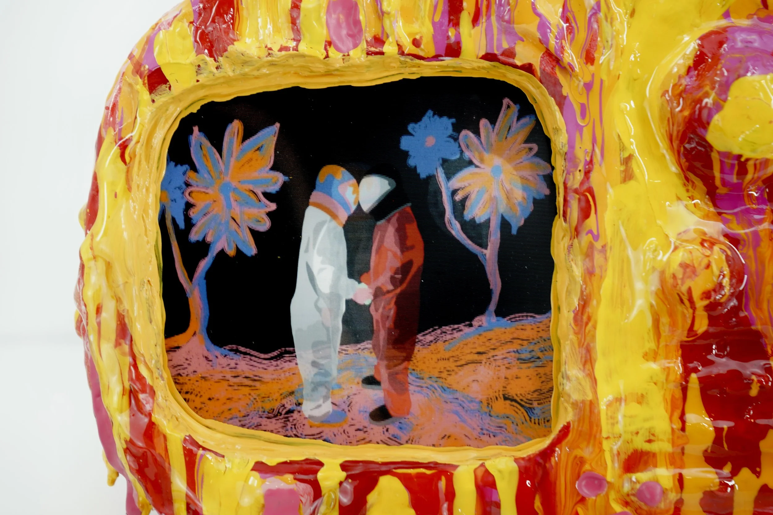 Detail view of melting television sculpture by contemporary artist Sophia Huang, mixed media sculpture with resin, paint, and embedded lenticular print, abstract TV form