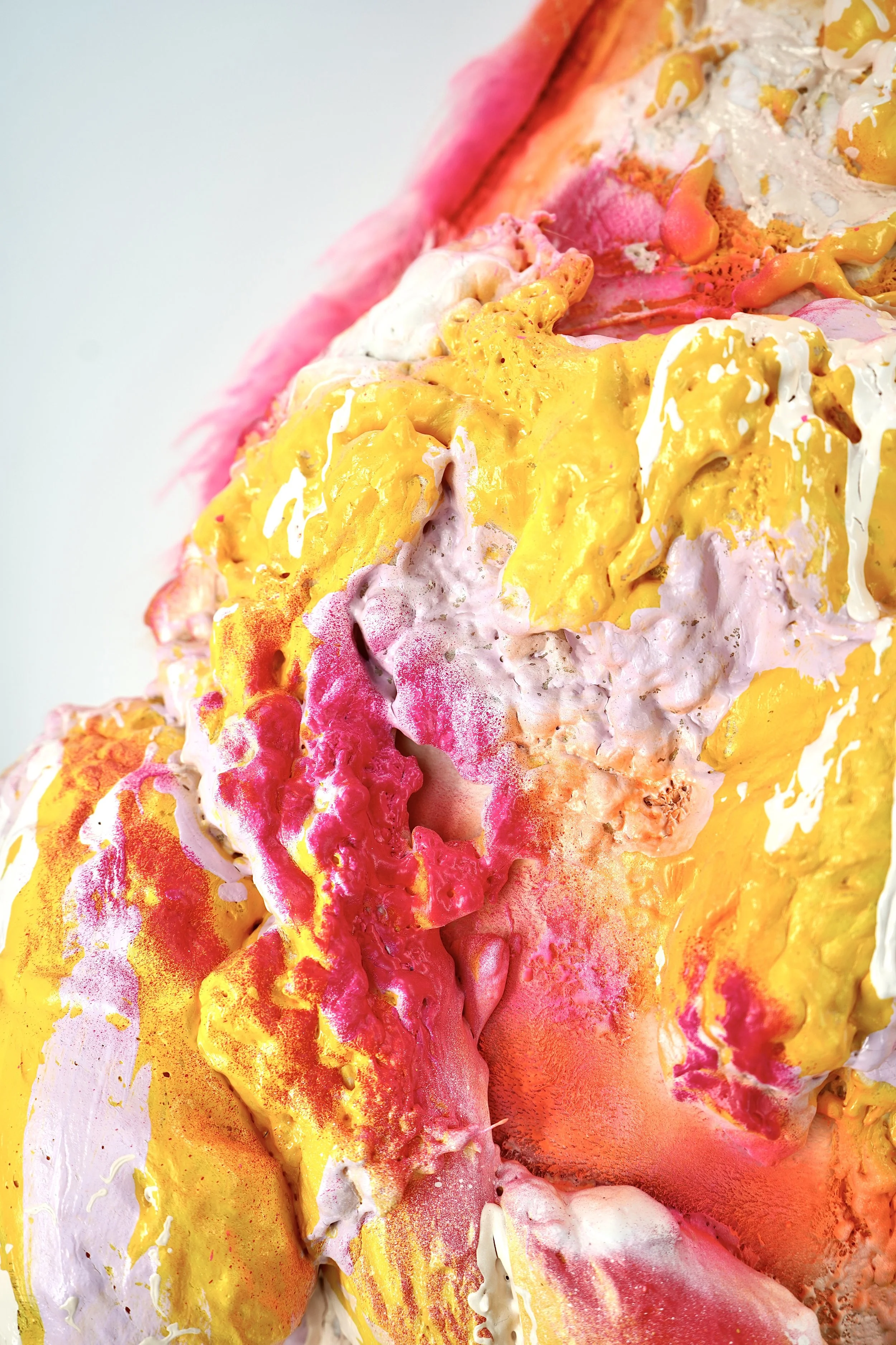 Detail view of The Recovering People Pleaser sculpture by contemporary artist Sophia Huang, mixed media sculpture featuring iridescent mixed media elements