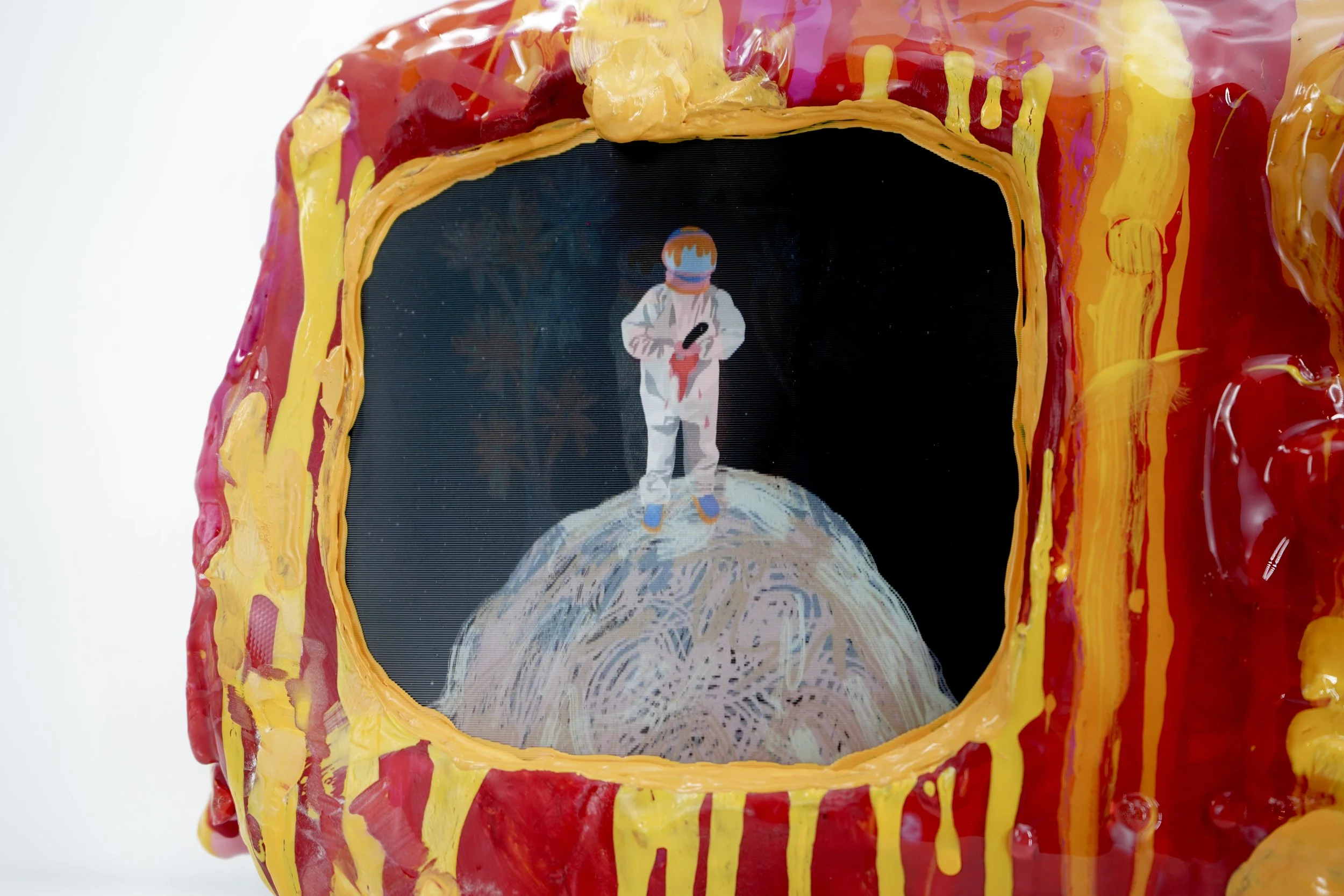 Detail view of melting television sculpture by contemporary artist Sophia Huang, mixed media sculpture with resin, paint, and embedded lenticular print, abstract TV form