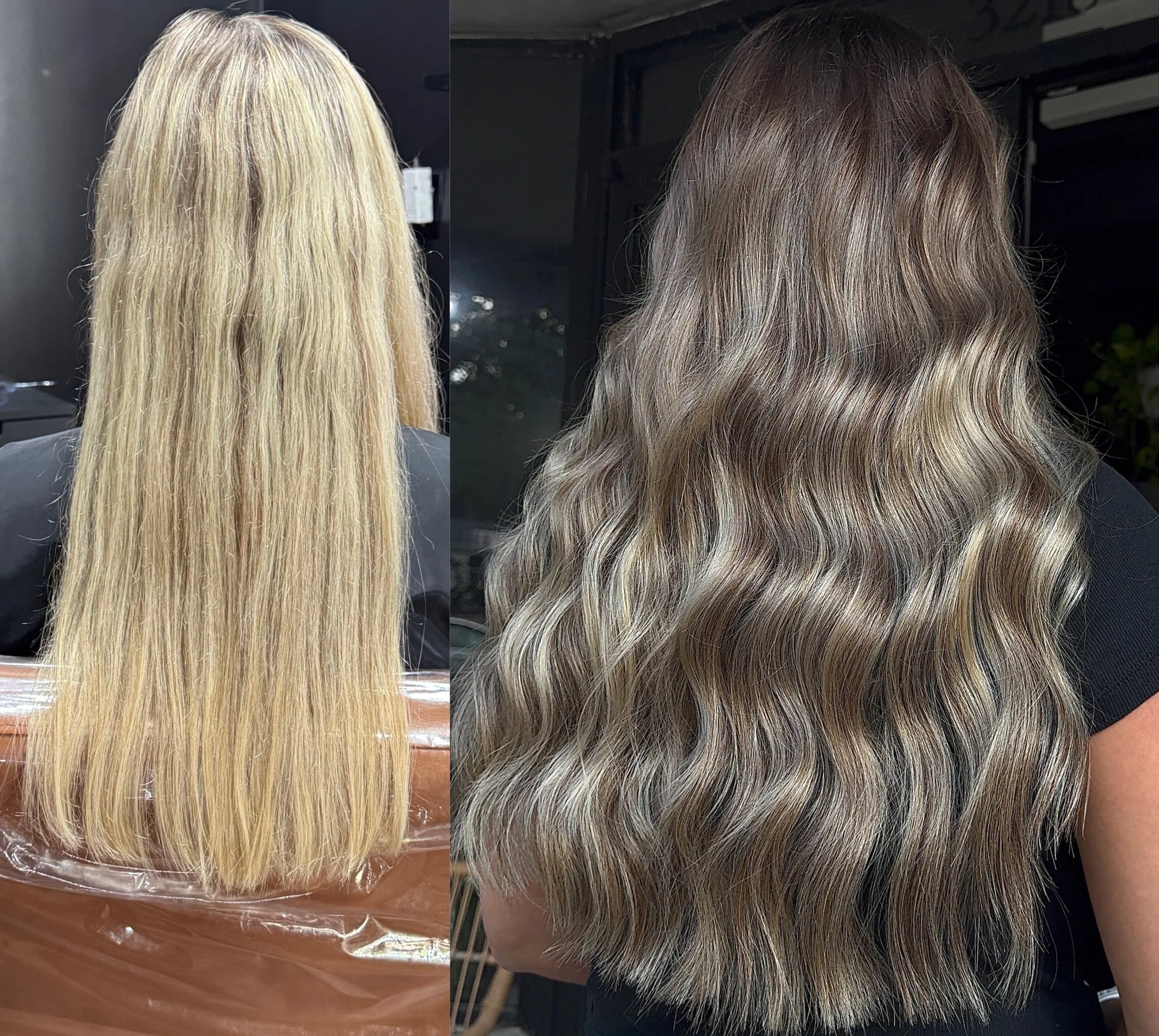 Side-by-side comparison of a woman's hair before and after a styling treatment, showing straight, blonde hair on the left and wavy, multi-toned hair on the right.