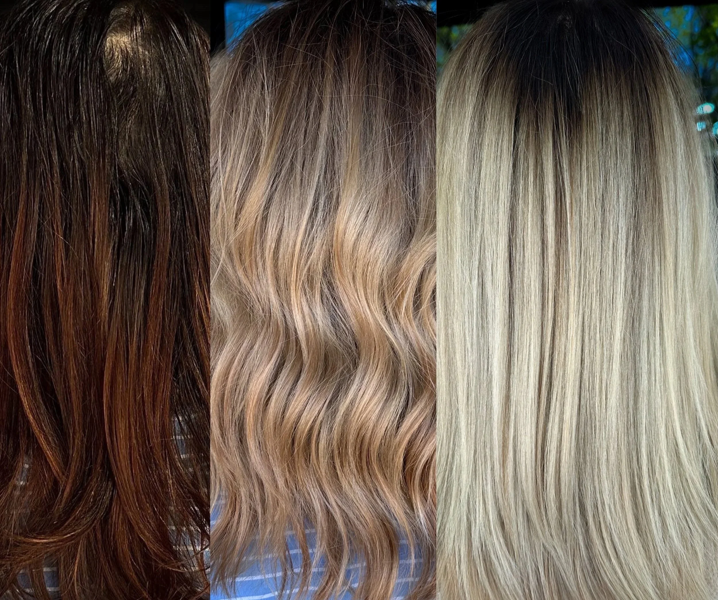 Progression of three different hairstyles showing hair color changes from dark brown, to blonde with waves, to platinum blonde straight hair.