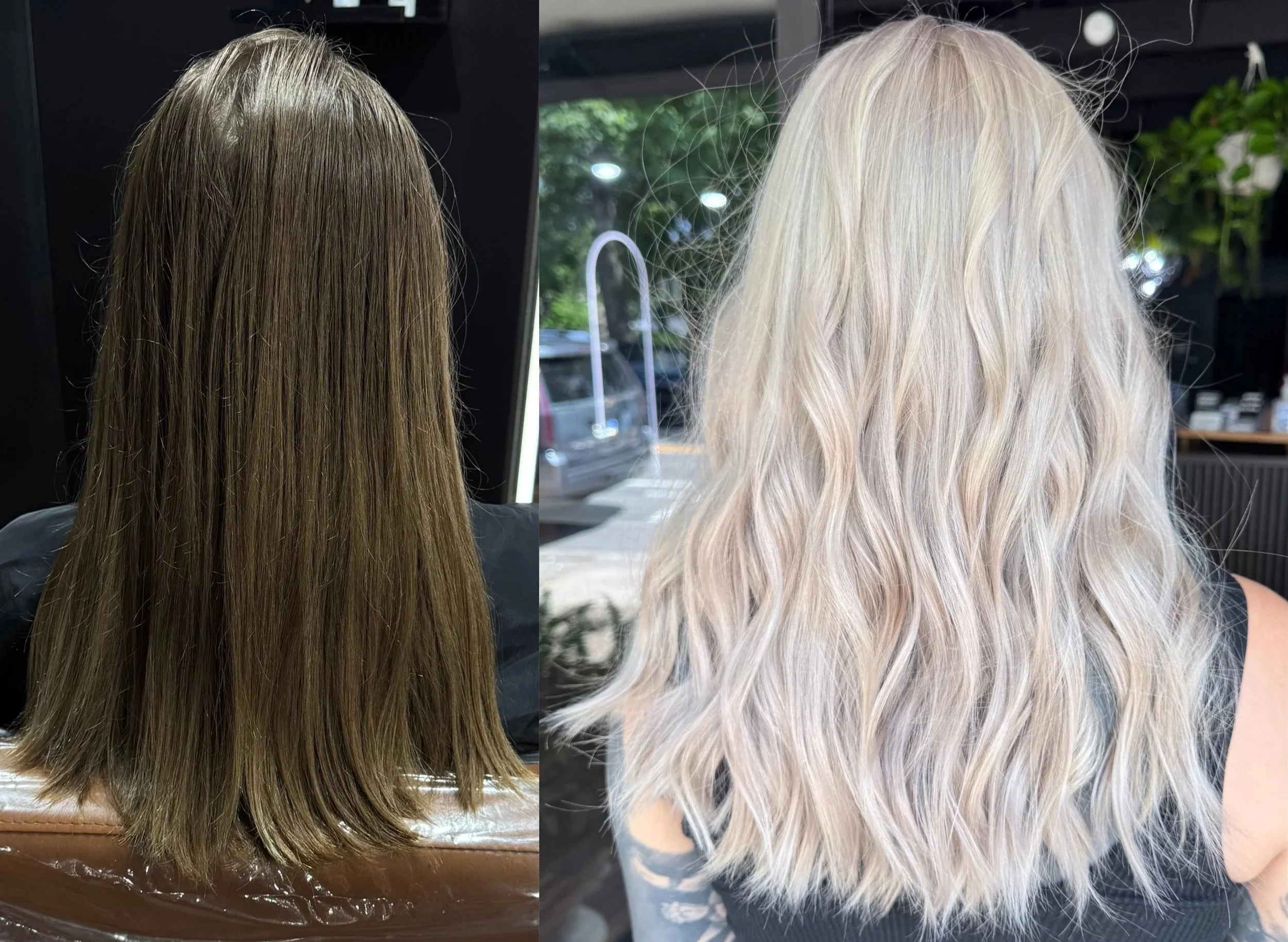 Comparison of two women's hair, before and after a hair coloring treatment. The left shows brown, straight hair, and the right shows long, wavy, platinum blonde hair.