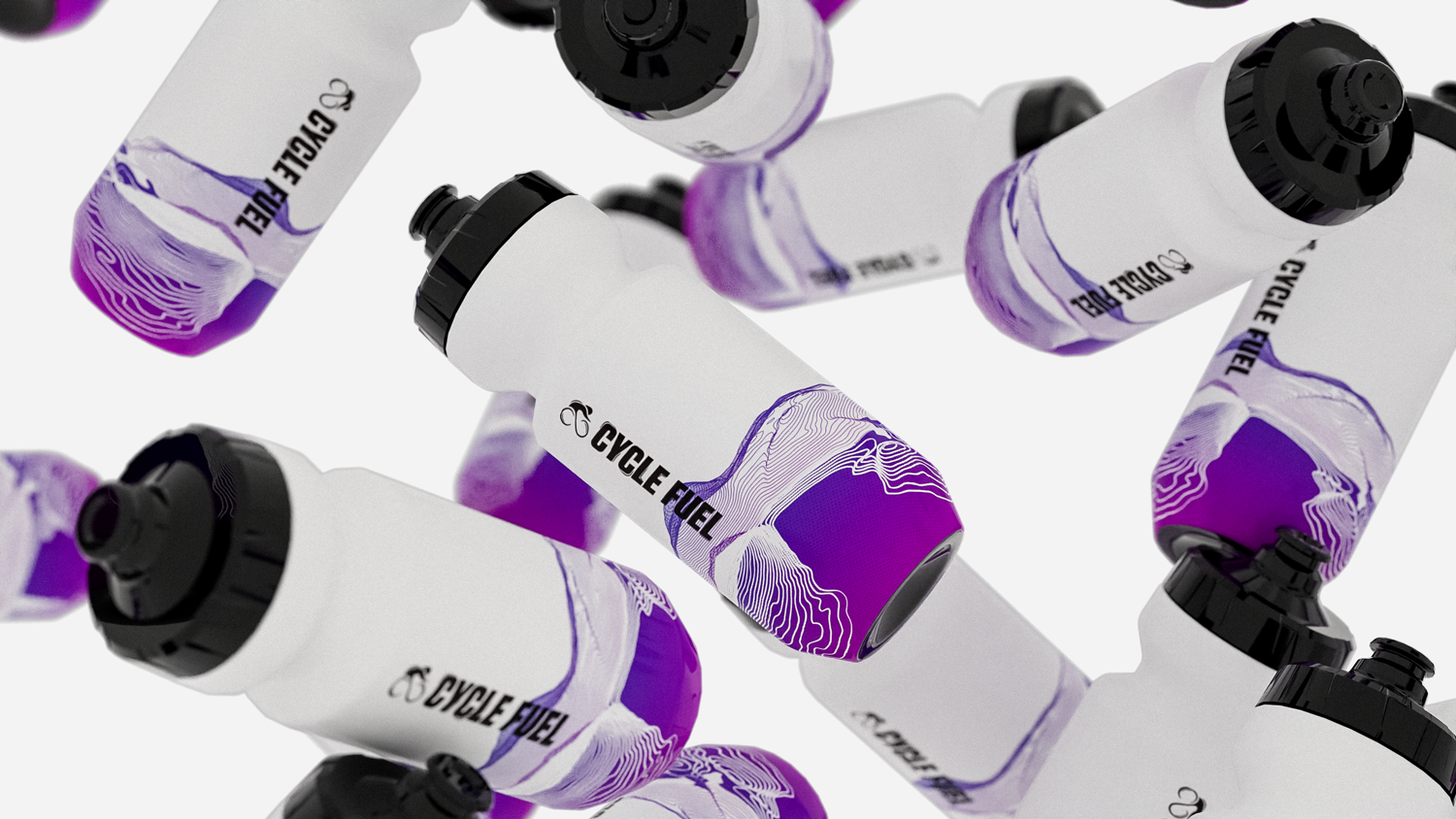 Cycle Fuel product visualization showing white and purple branded cycling bottles