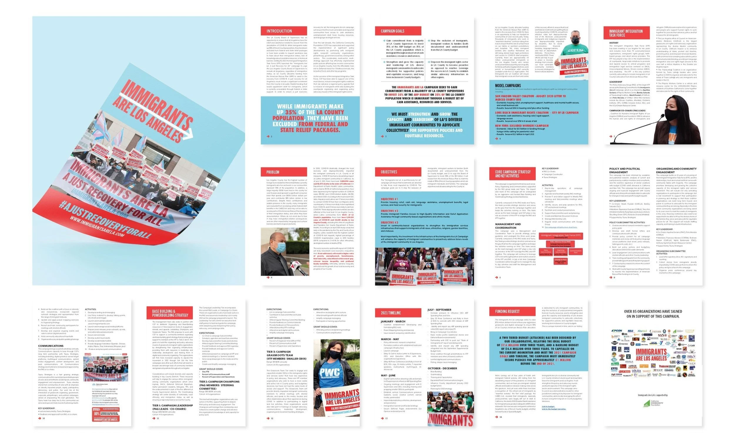 Brochure or campaign document about immigrants in Los Angeles with images of protesters, campaign goals, objectives, strategies, and supporting organizations. Includes text, photos of people wearing masks, and campaign branding.