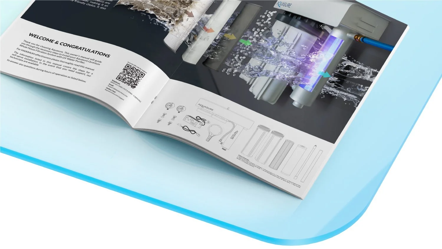 Open instruction manual for the Aquasure water filtration system, showing a diagram and installation instructions, atop a light blue surface.