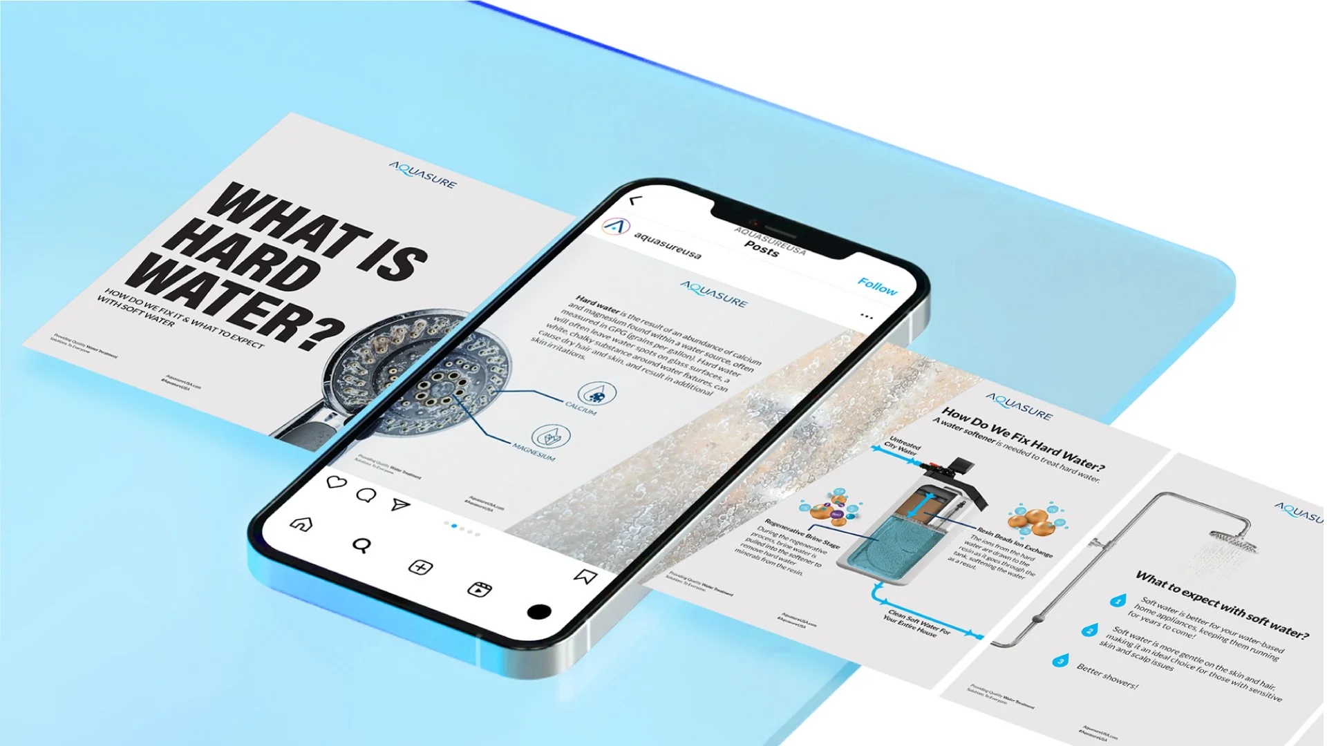 A group of printed flyers and a smartphone displaying an Instagram page about hard water and water softening on a light blue surface.