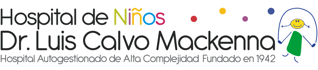 Logotipo del Hospital de Niños Dr. Luis Calvo Mackenna, que incluye el nombre en letras negras, con la palabra "Niños" en colores variados, y un dibujo esquemático de una niña con cabello azul, camiseta verde y sonrisa.