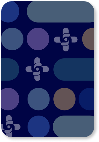 Pantalla con círculos grandes en tonos de azul y gris, y logotipos de una cruz, en un fondo oscuro
