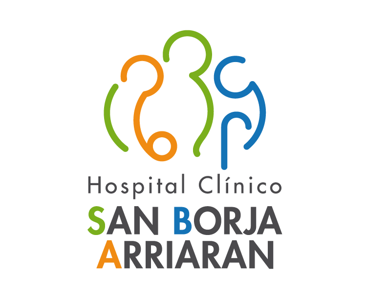 Logotipo del Hospital Clínico San Borja Arriarán que presenta un diseño de líneas de diferentes colores formando formas abstractas y el texto del nombre del hospital en letras negras, verdes, azules y naranjas.