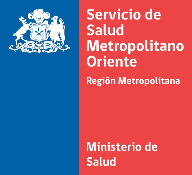 Logotipo del Ministerio de Salud de la Región Metropolitana Oriente, Servicio de Salud Metropolitano Oriente en fondo azul y rojo.