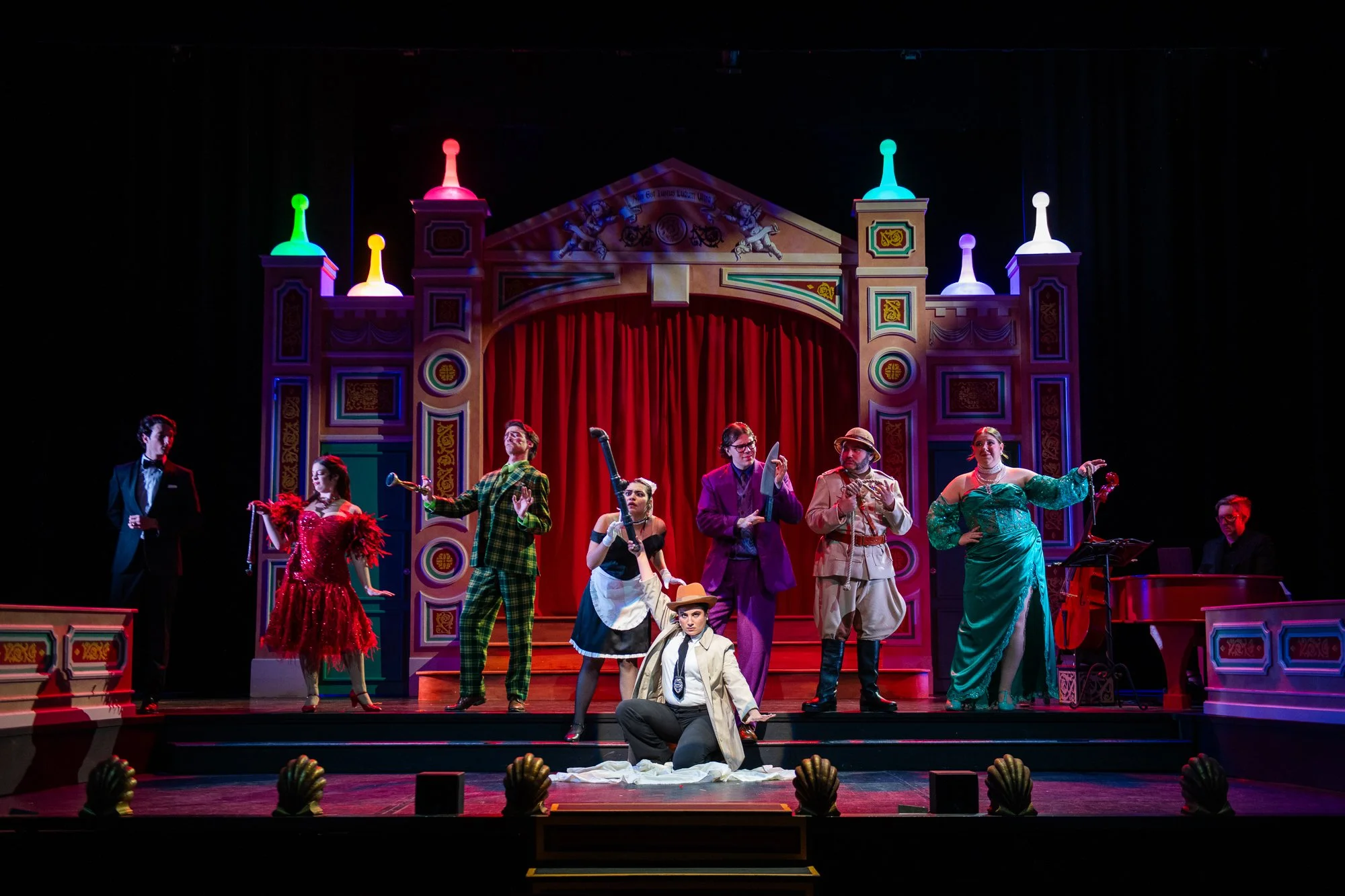 Image Credit: Brittany App -- Mr. Boddy: Issac Lewis, Miss Scarlet: Joelle Andrews, Mr. Green: Josh Schneider, Mrs. White: Sophia Moreno, Detective: Marya Wanous, Colonel Mustard: Colin Elman, Mrs. Peacock: Casey Reichenthal