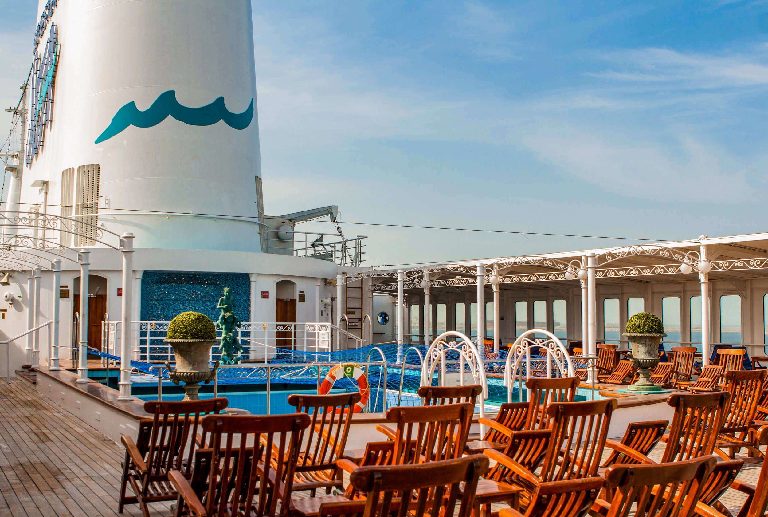 Deck 9, where the pool is located, aboard the MV World Odyssey on January 5, 2023 docked outside of Dubai, UAE.