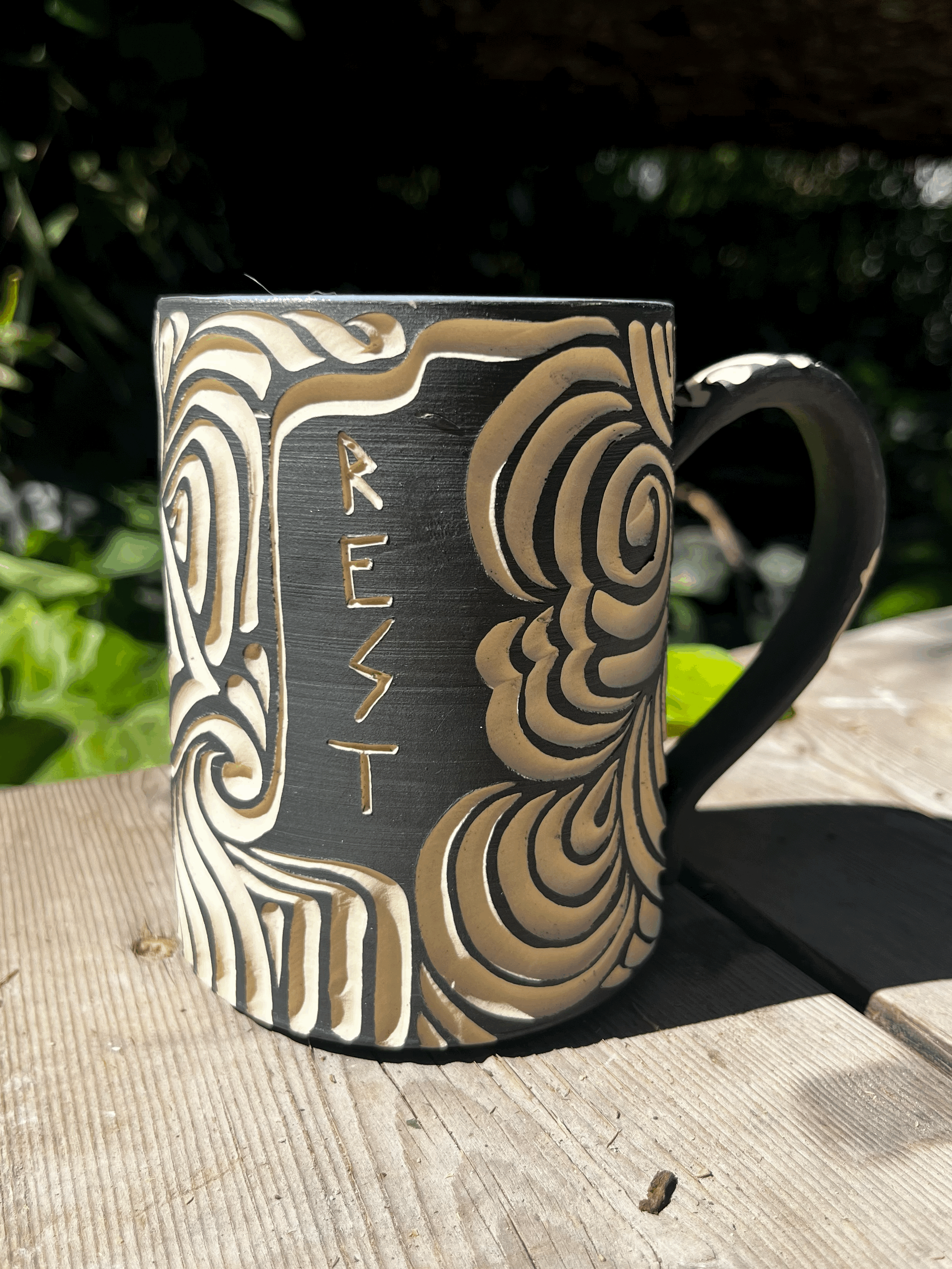 Carved Mug in Black Sgraffito #5