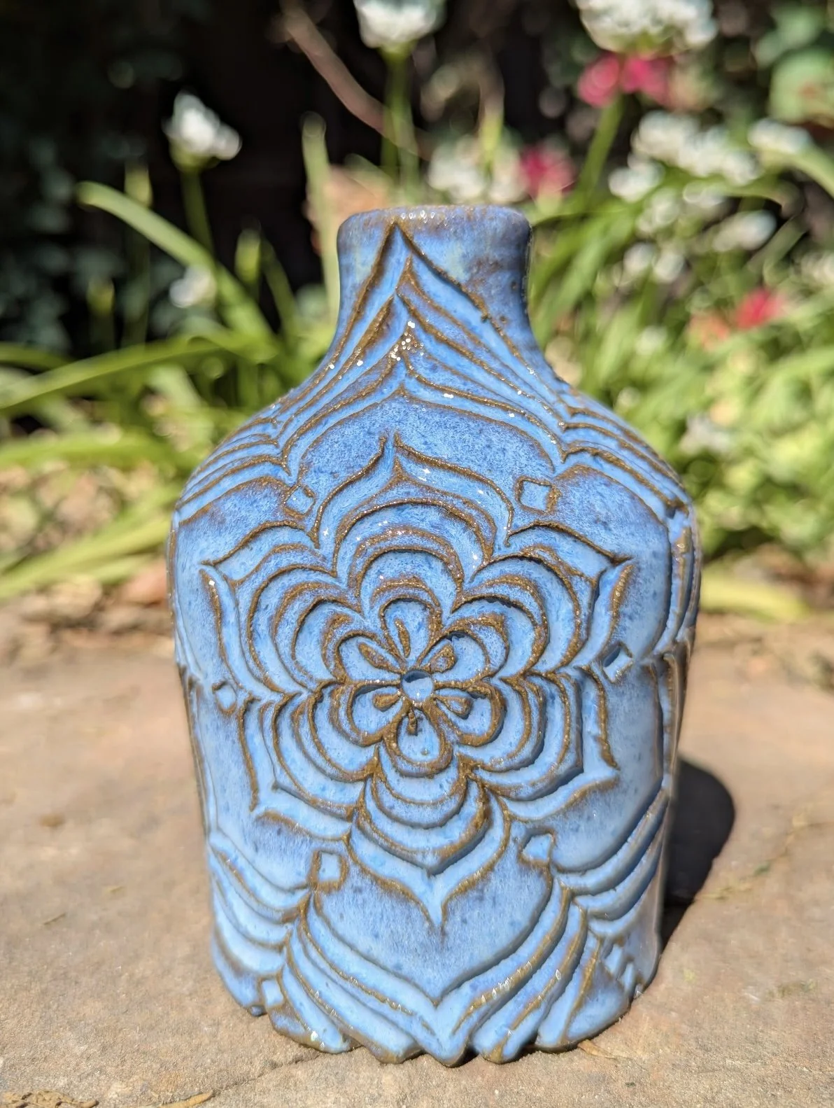 Carved Bottle in Dark Clay with Blue Glaze #1