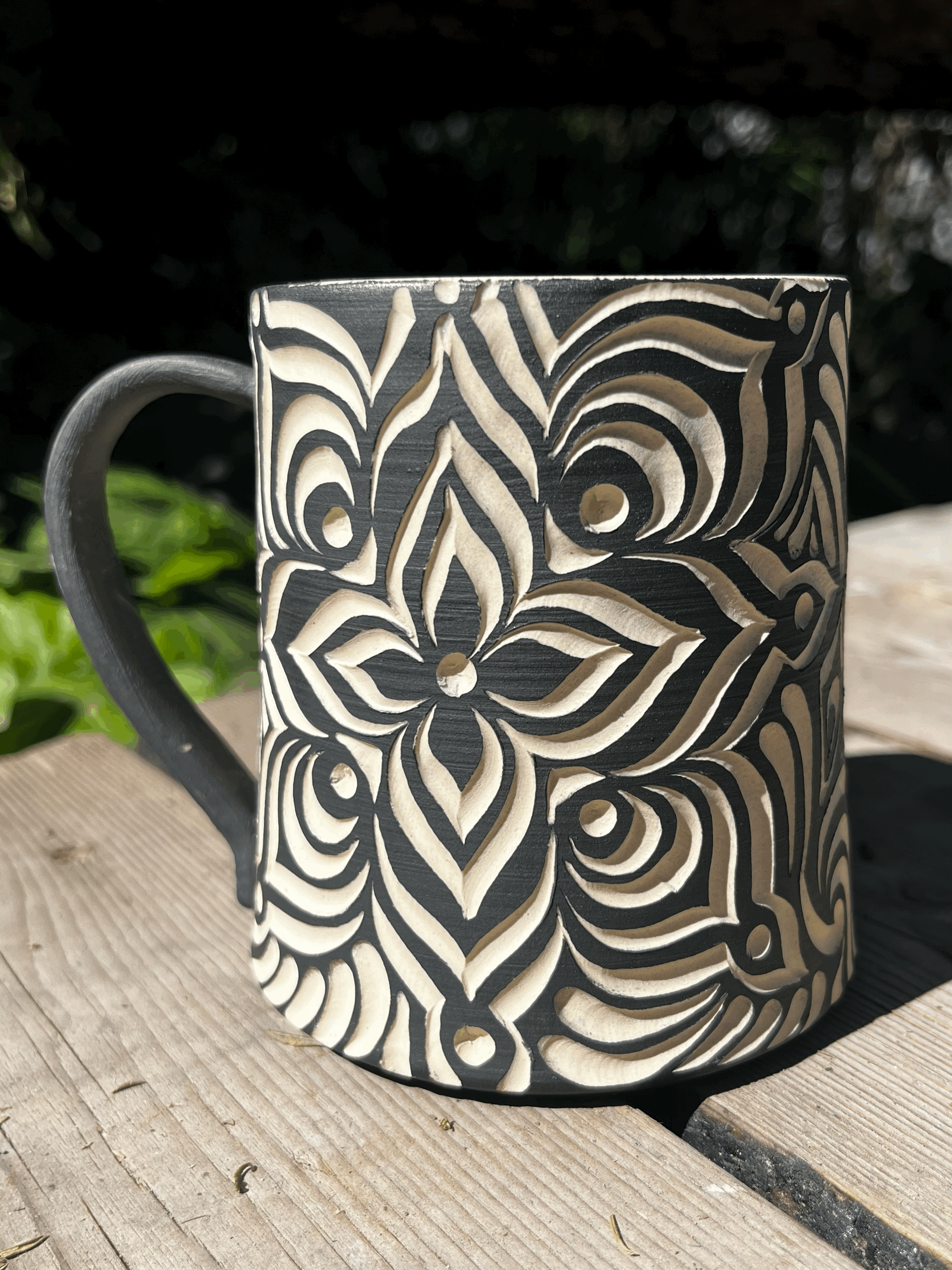 Carved Mug in Black Sgraffito #11