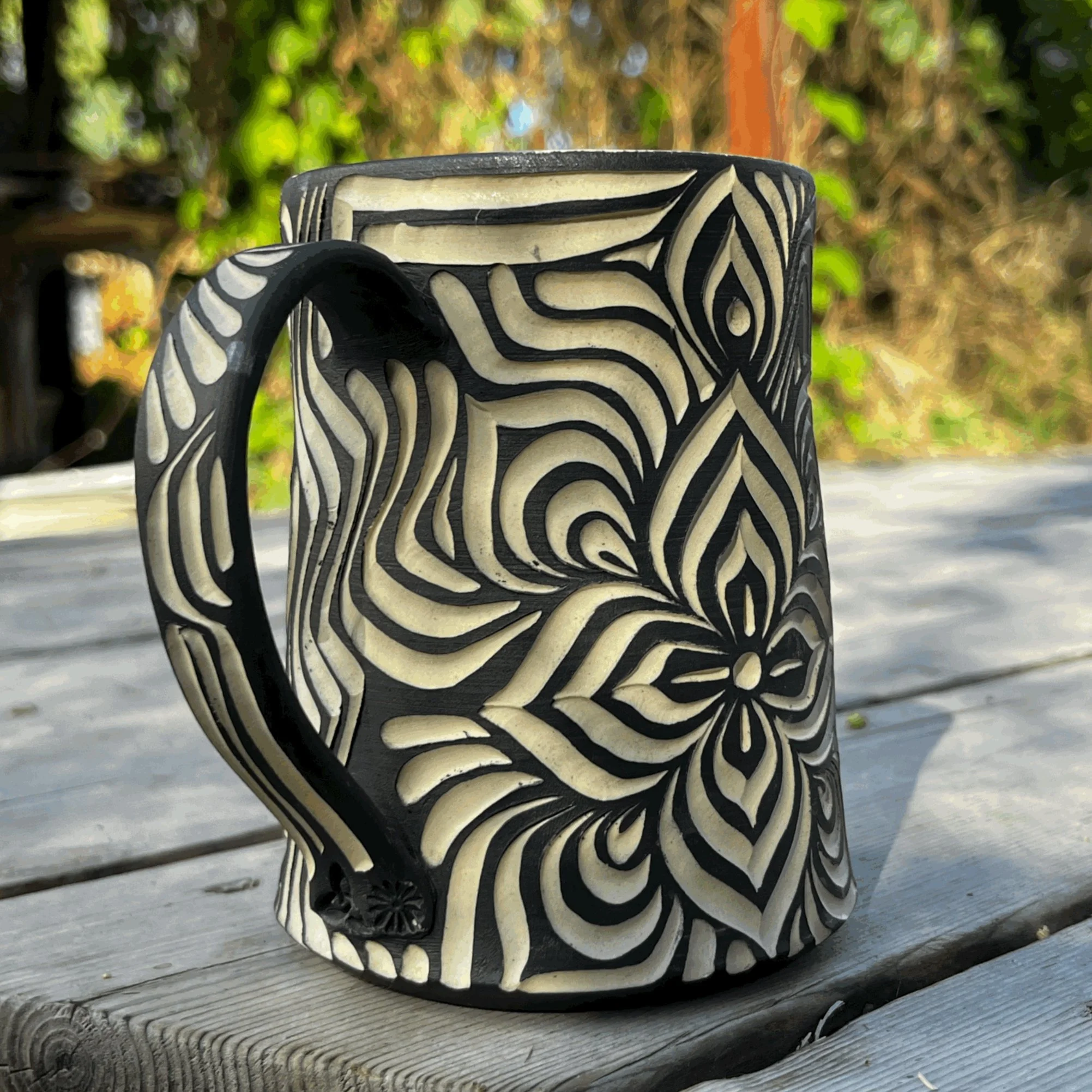 Carved Mug in Black Sgraffito #7