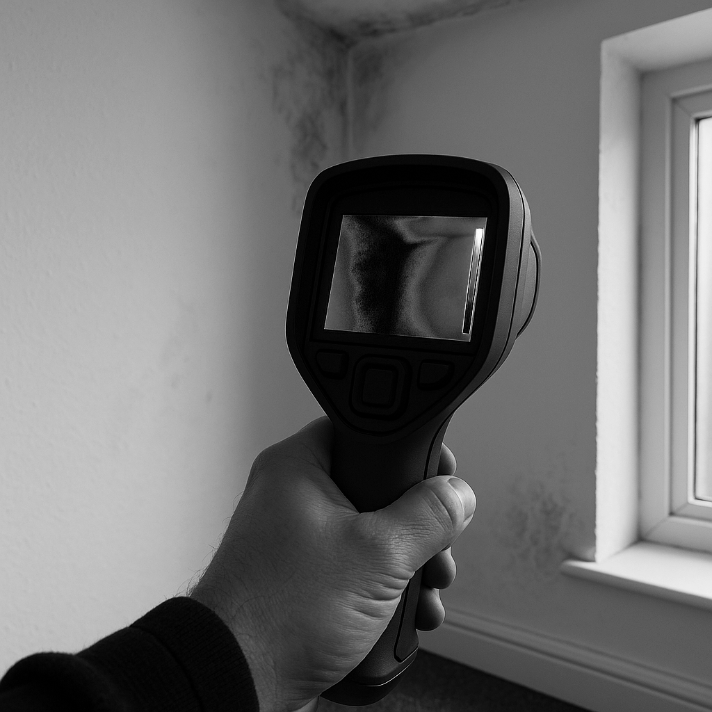 Chartered Building Surveyor using a thermal imaging camera to detect moisture and temperature variations during a damp survey.
