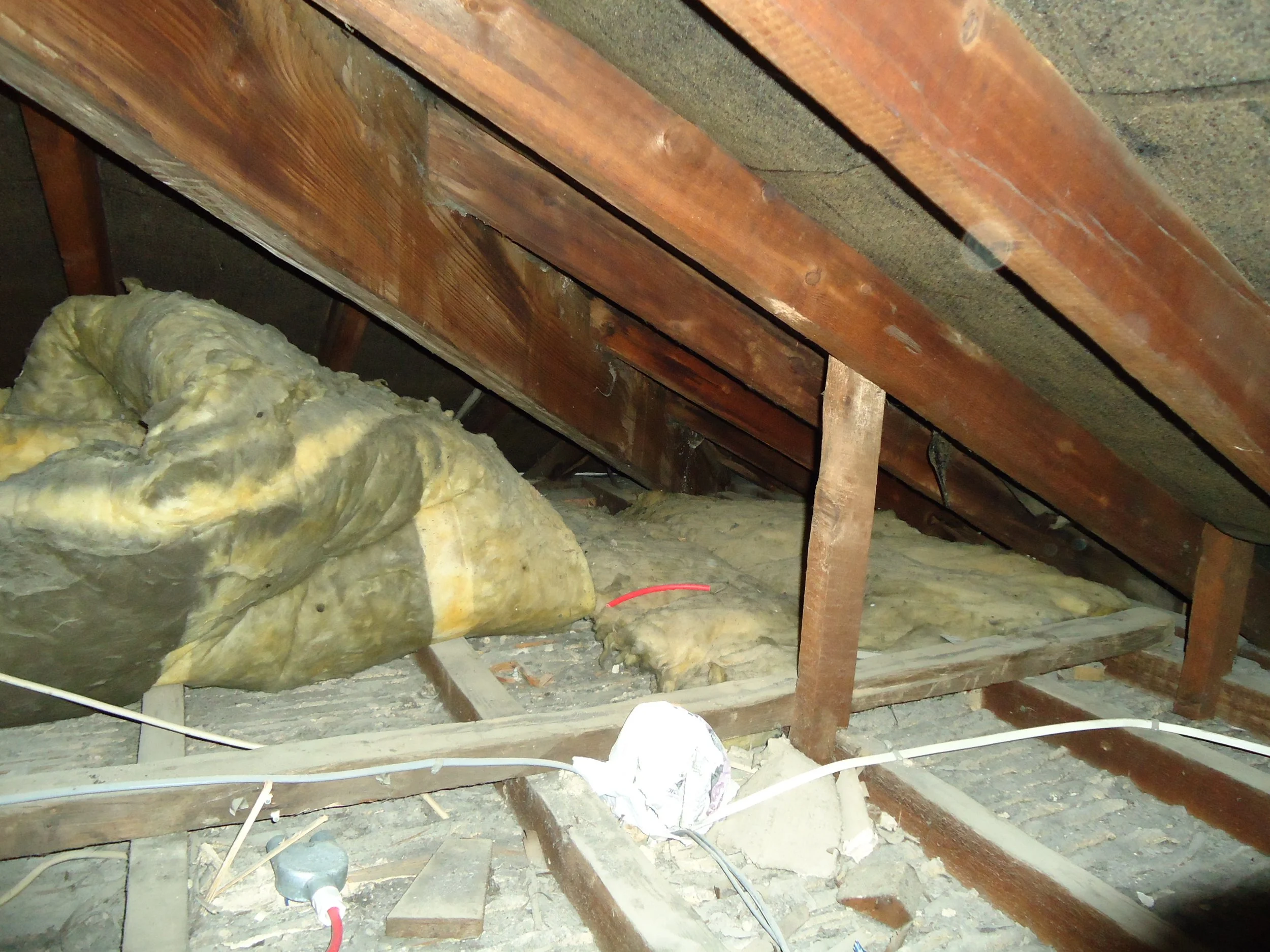 Roof void survey highlighting damp to hip beam.