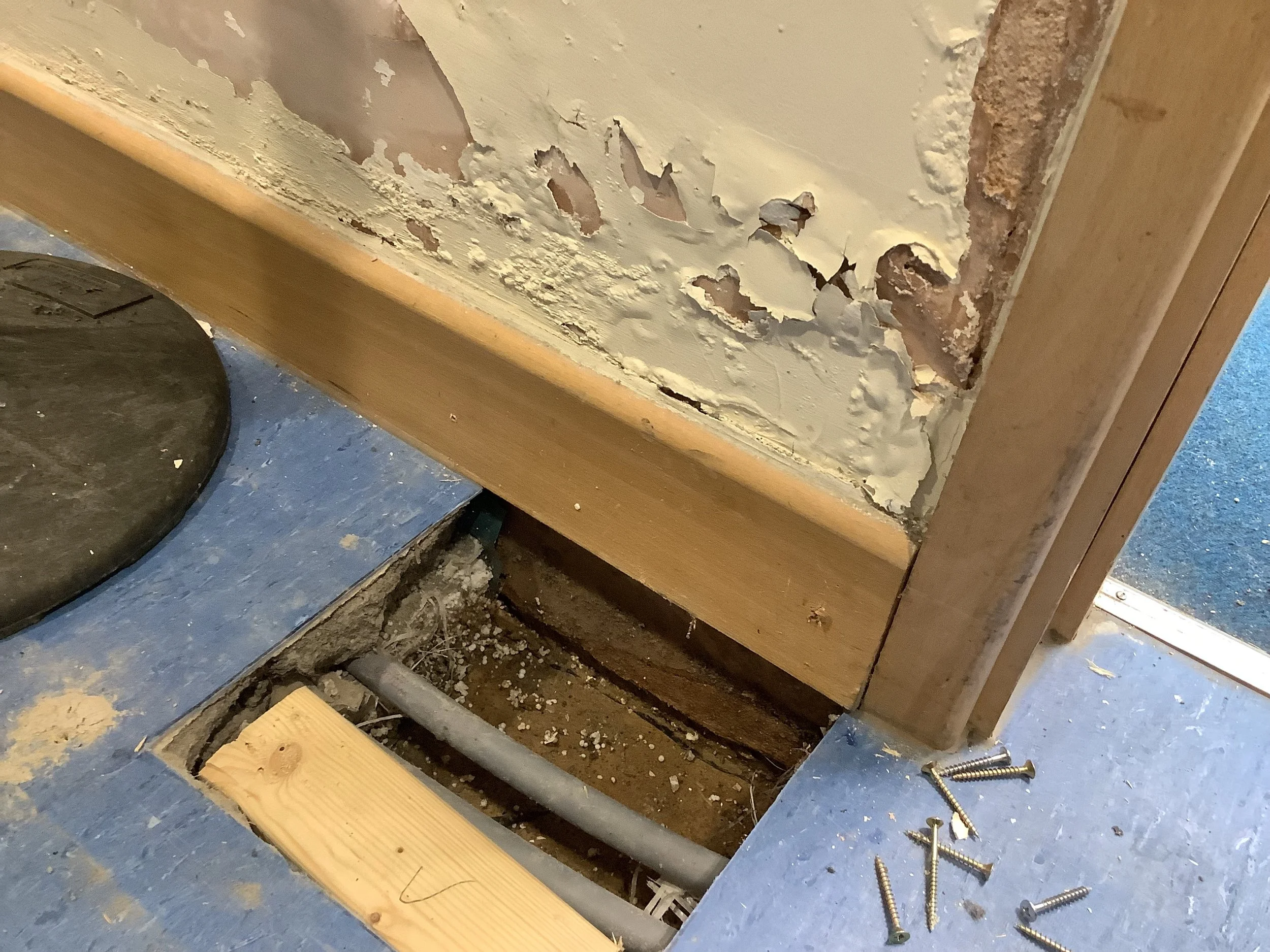 Wall base plaster deterioration and floor inspection revealing moisture at the wall junction during forensic damp investigation in school extension – Durndell Building Surveyors, Milton Keynes.